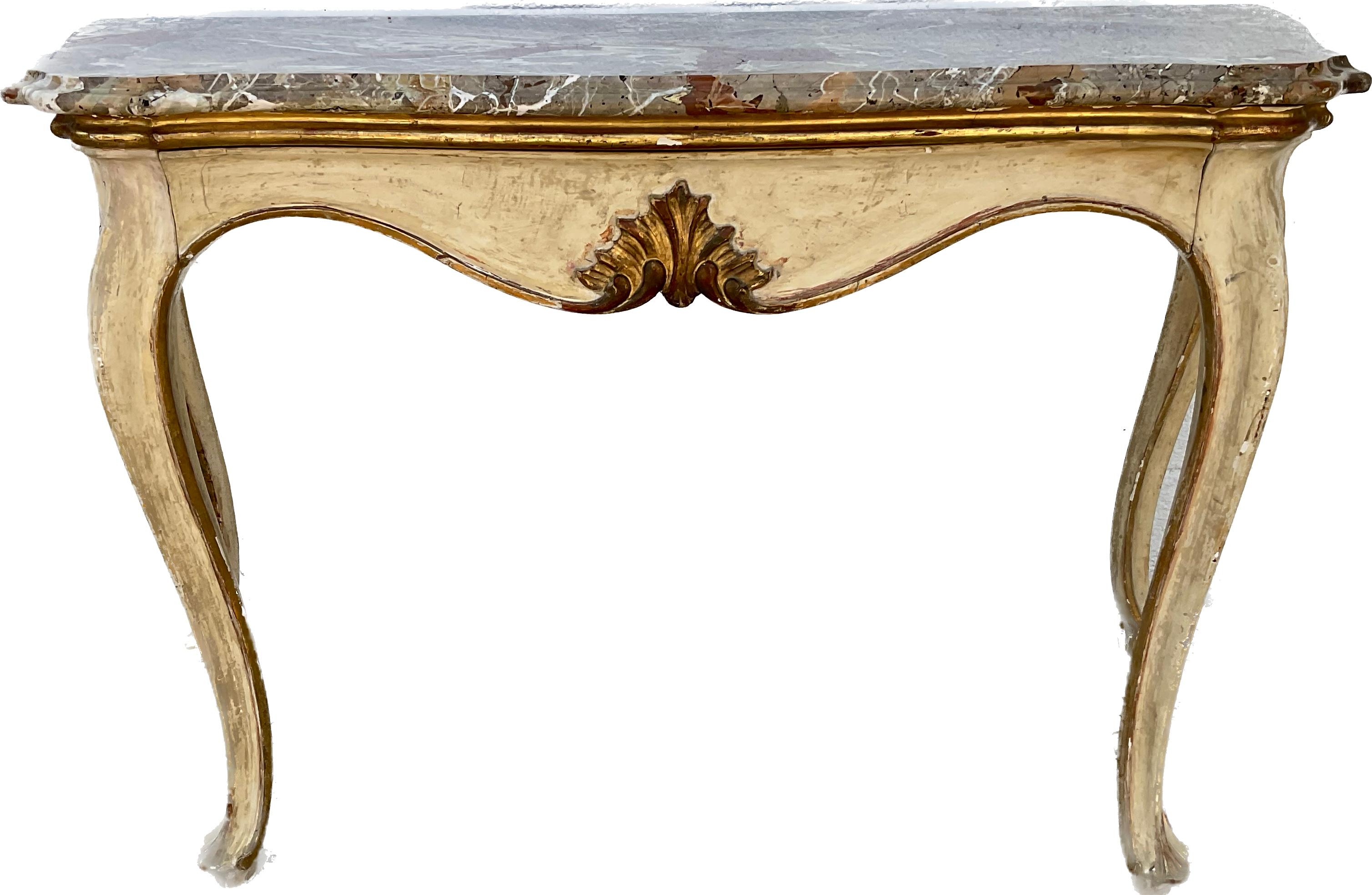 Paire de consoles italiennes du 19ème siècle peintes et dorées avec plateau en marbre en vente 2