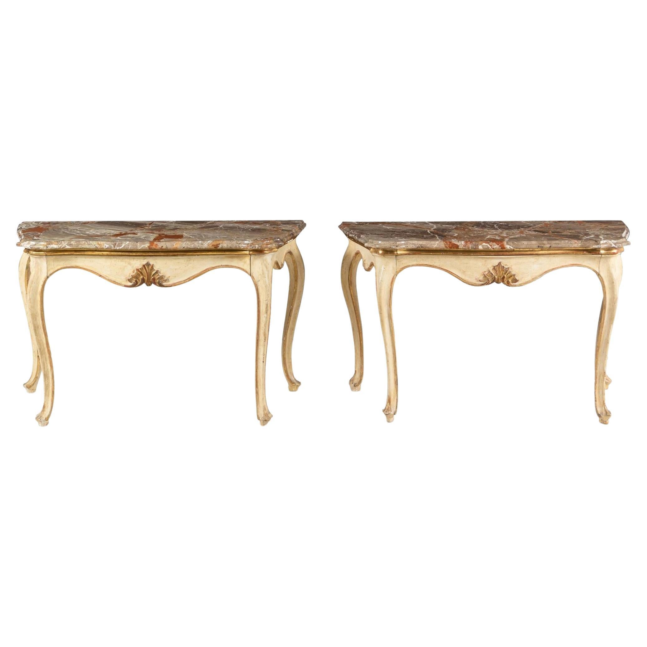 Pair of 19th Century Italian Painted and Gilt Marble-Top Console Tables For Sale