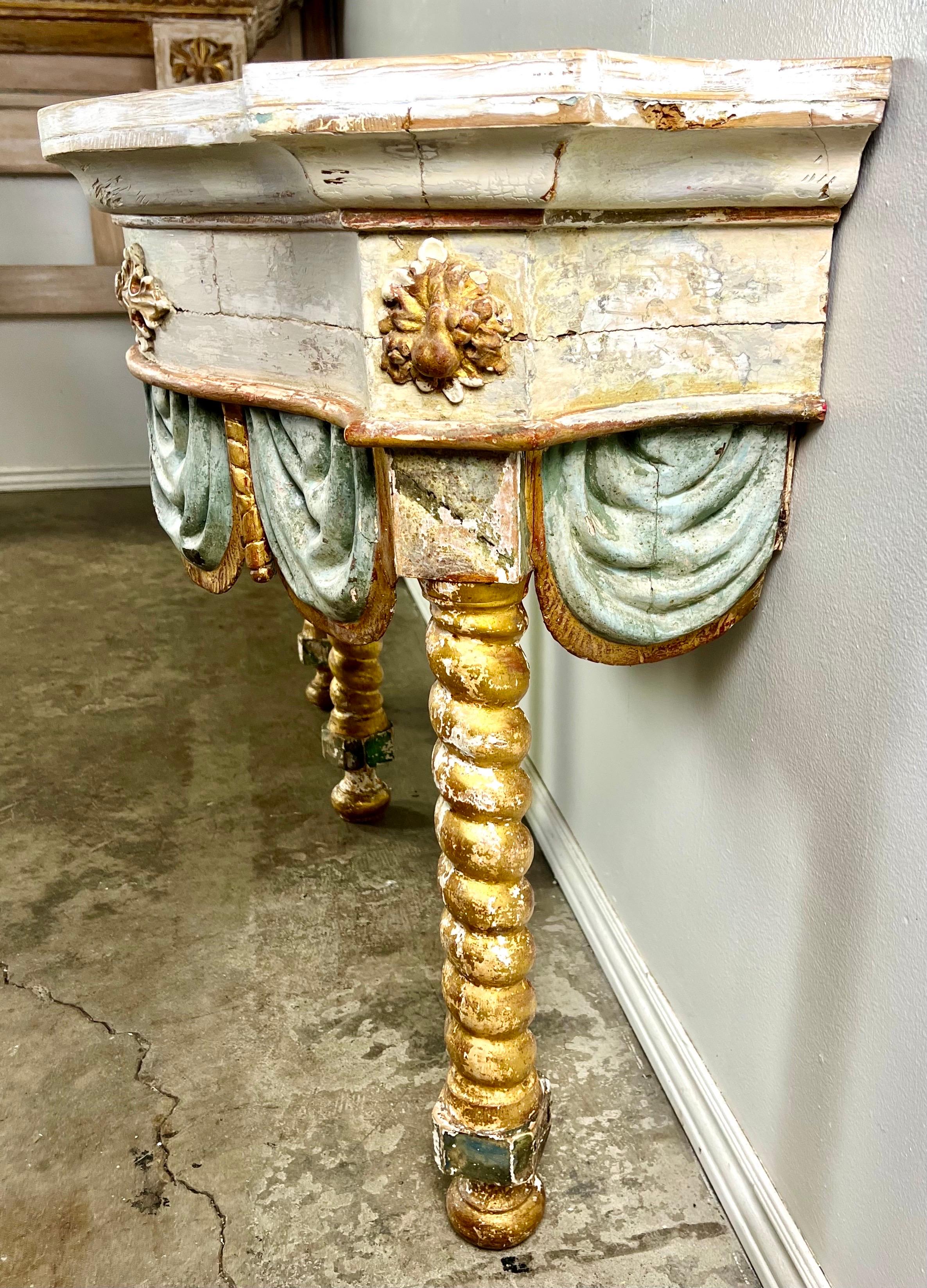 Pair of 19th century Italian Painted and Parcel Gilt Consoles For Sale 4