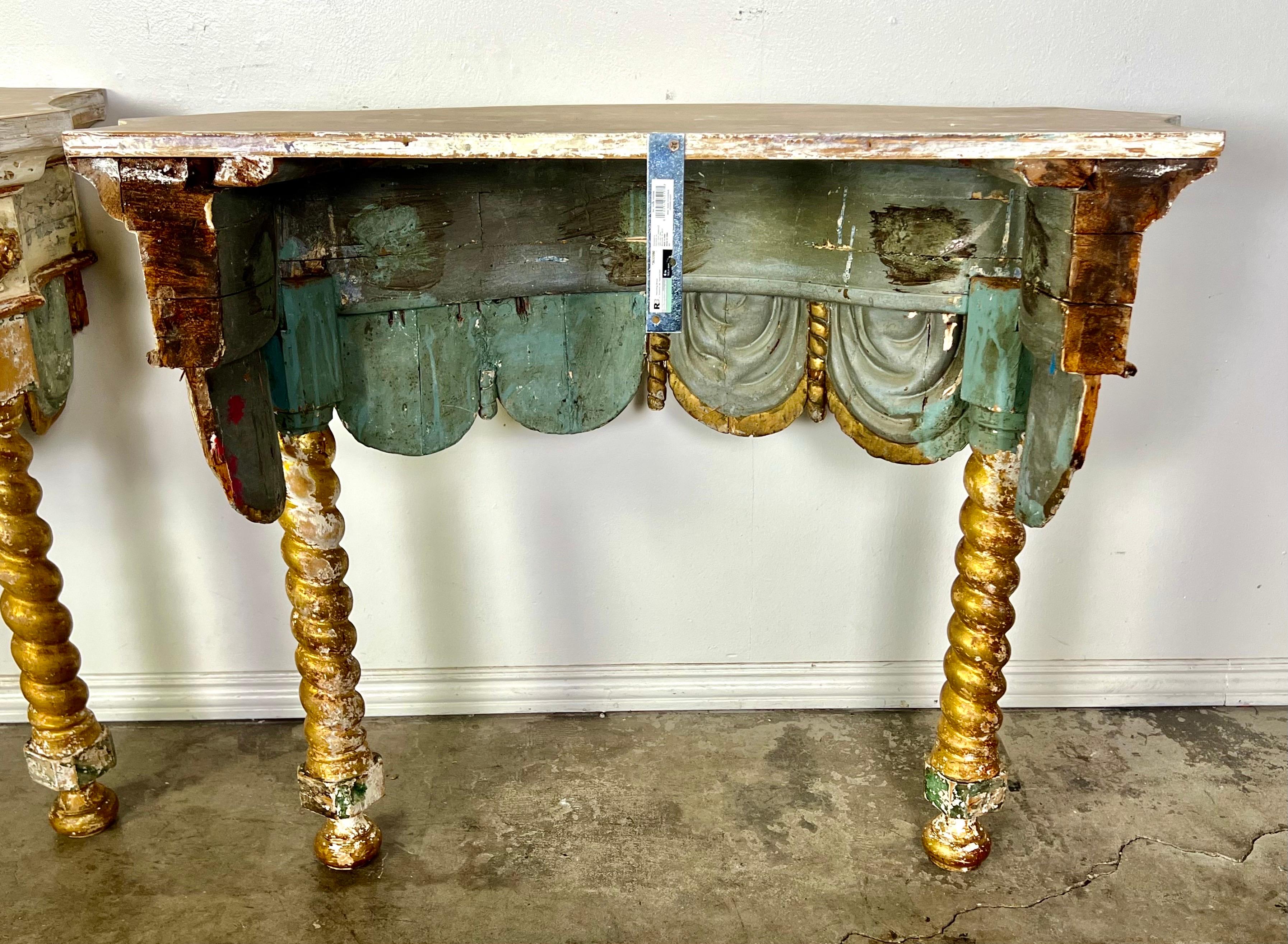 Pair of 19th century Italian Painted and Parcel Gilt Consoles For Sale 6
