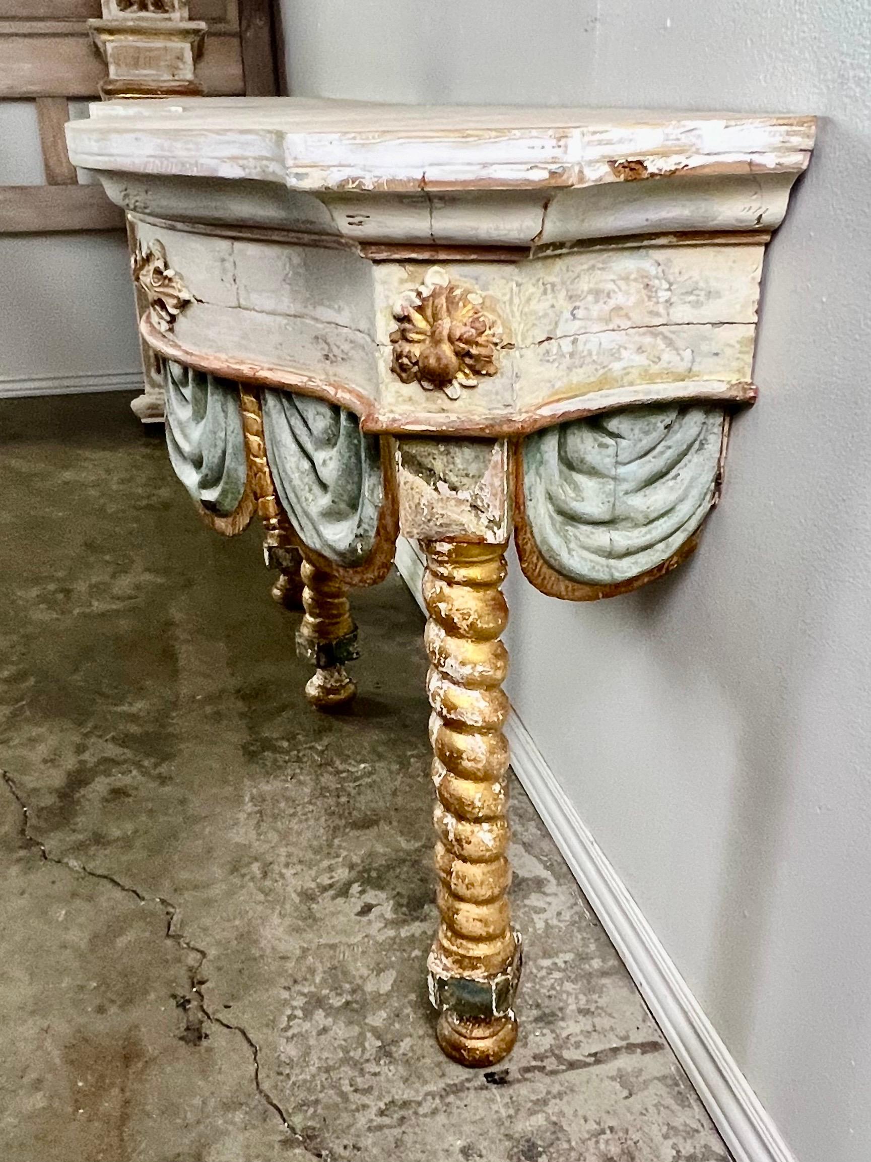 Pair of 19th century Italian Painted and Parcel Gilt Consoles For Sale 7