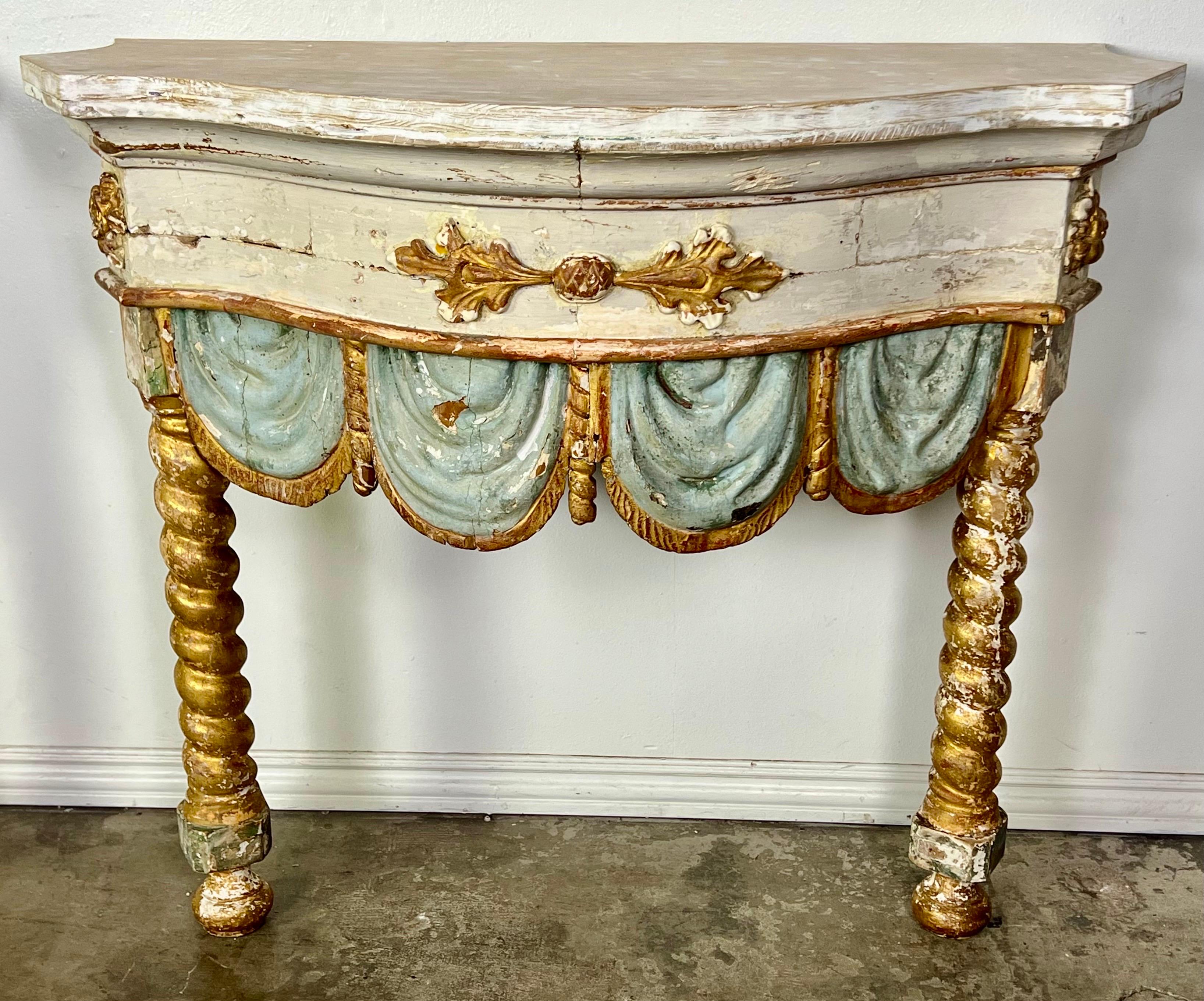 Pair of 19th century Italian Painted and Parcel Gilt Consoles In Distressed Condition For Sale In Los Angeles, CA