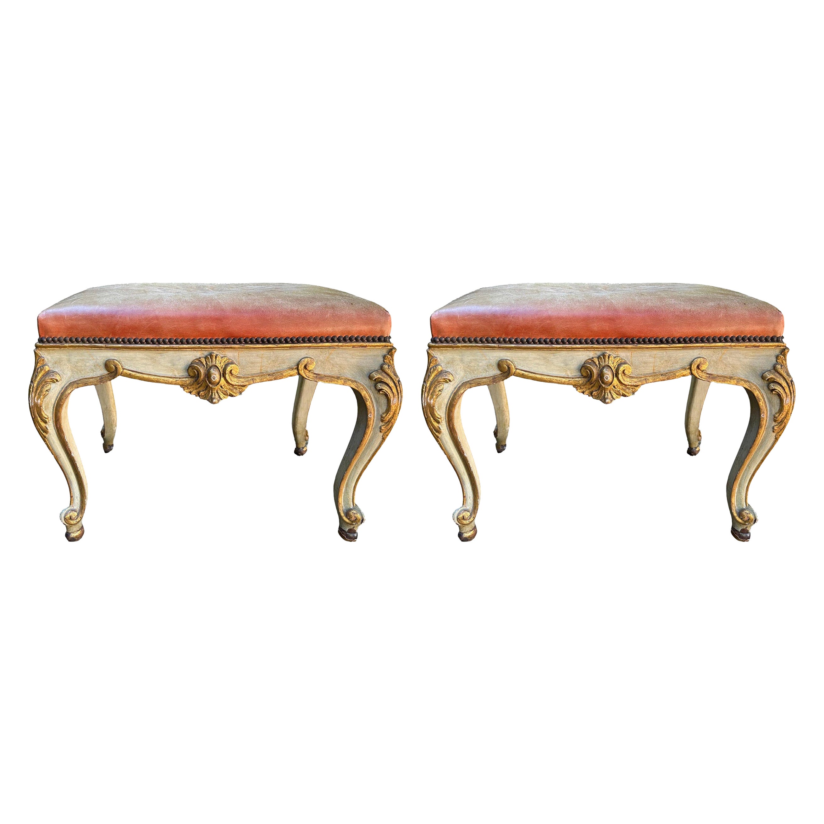Pair Of 19th Century Italian Painted And Parcel Gilt Ottomans