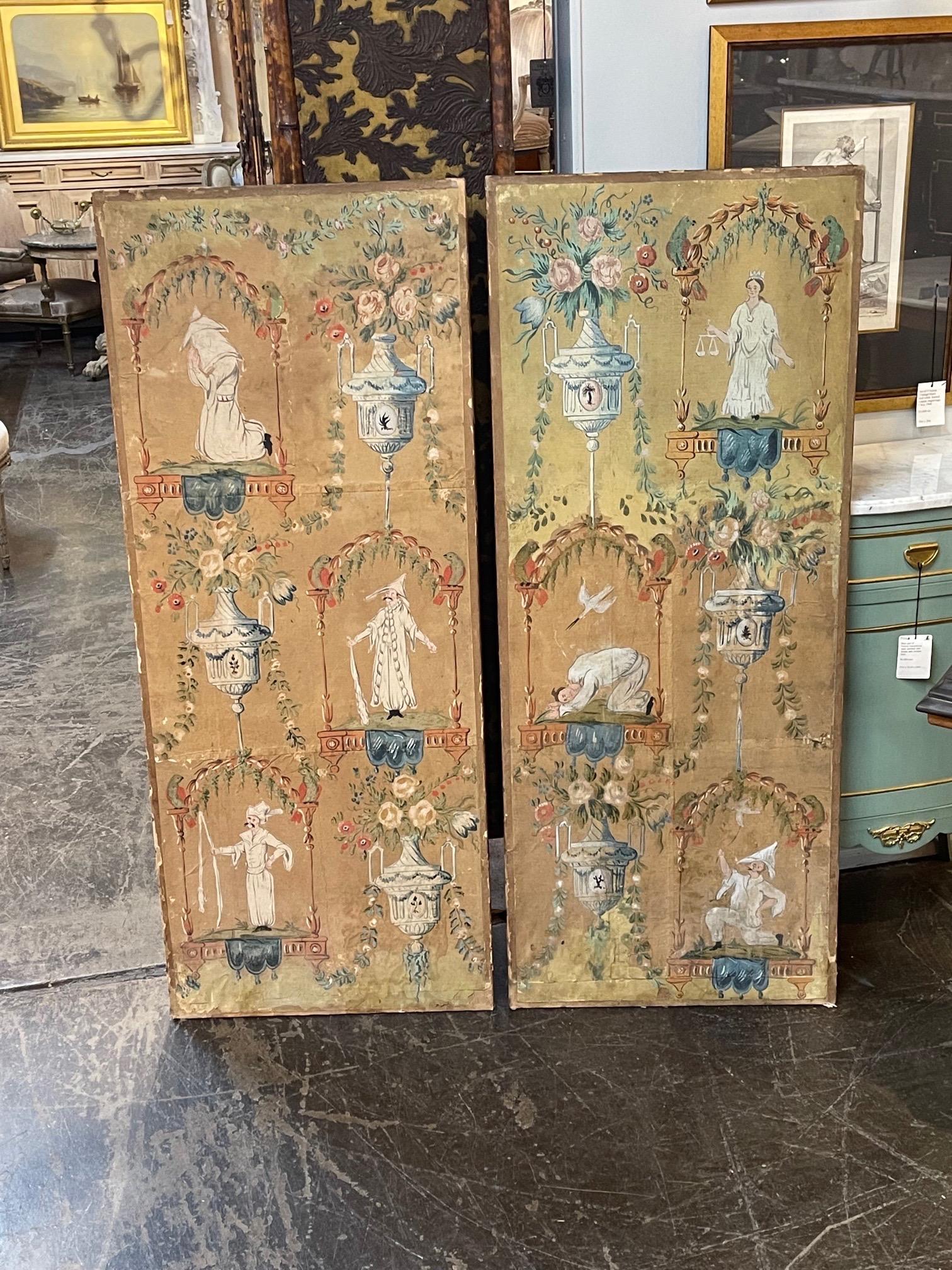 Decorative pair of 19th century Italian painted Chinoiserie canvas panels. Nice color palette of pink, creme, blues and gold. Make an interesting and beautiful accessory!