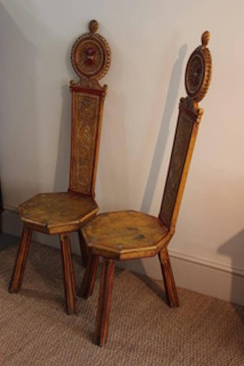 Pair of 19th Century Italian Painted Hall Chairs 1