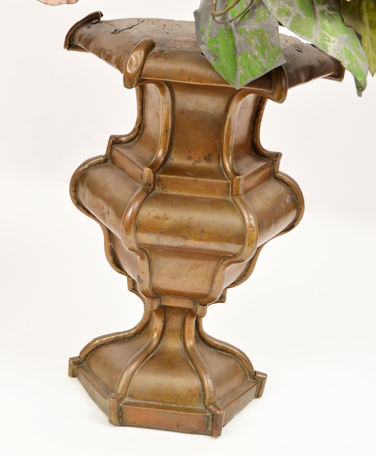 Pair of 19th Century Italian Painted Tole Altar Flowers in Baroque Bronze Urns In Good Condition In Ft. Lauderdale, FL