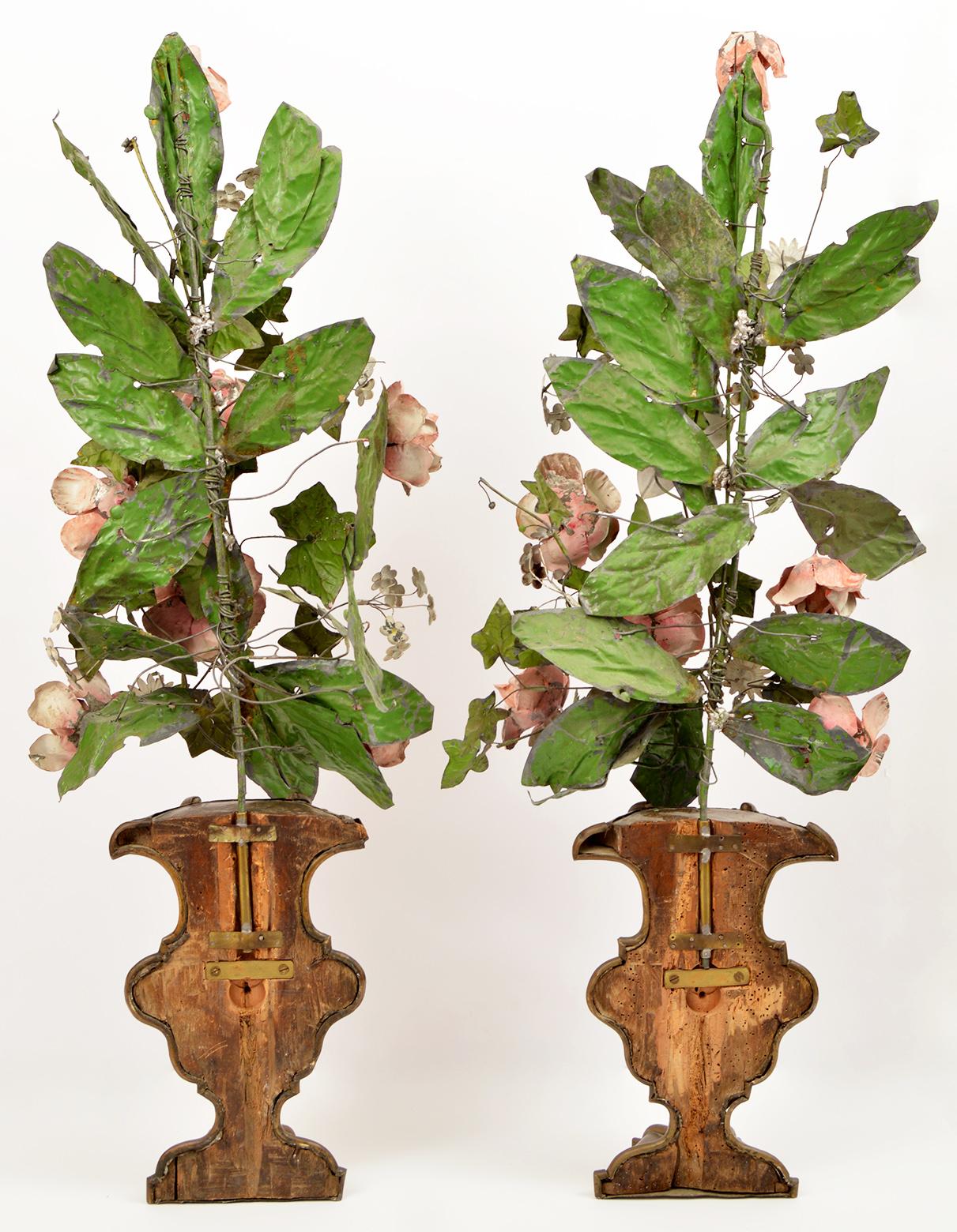Pair of 19th Century Italian Painted Tole Altar Flowers in Baroque Bronze Urns 1