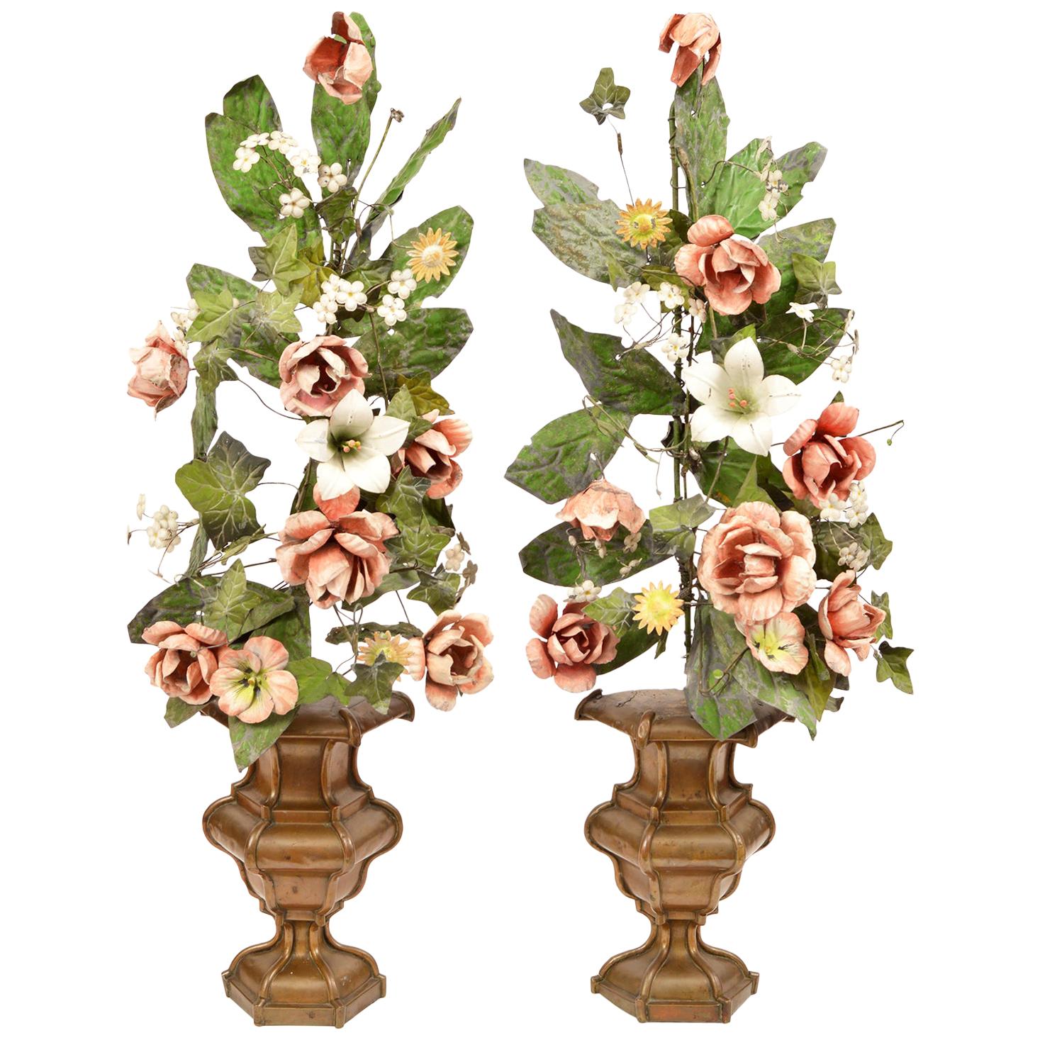 Pair of 19th Century Italian Painted Tole Altar Flowers in Baroque Bronze Urns