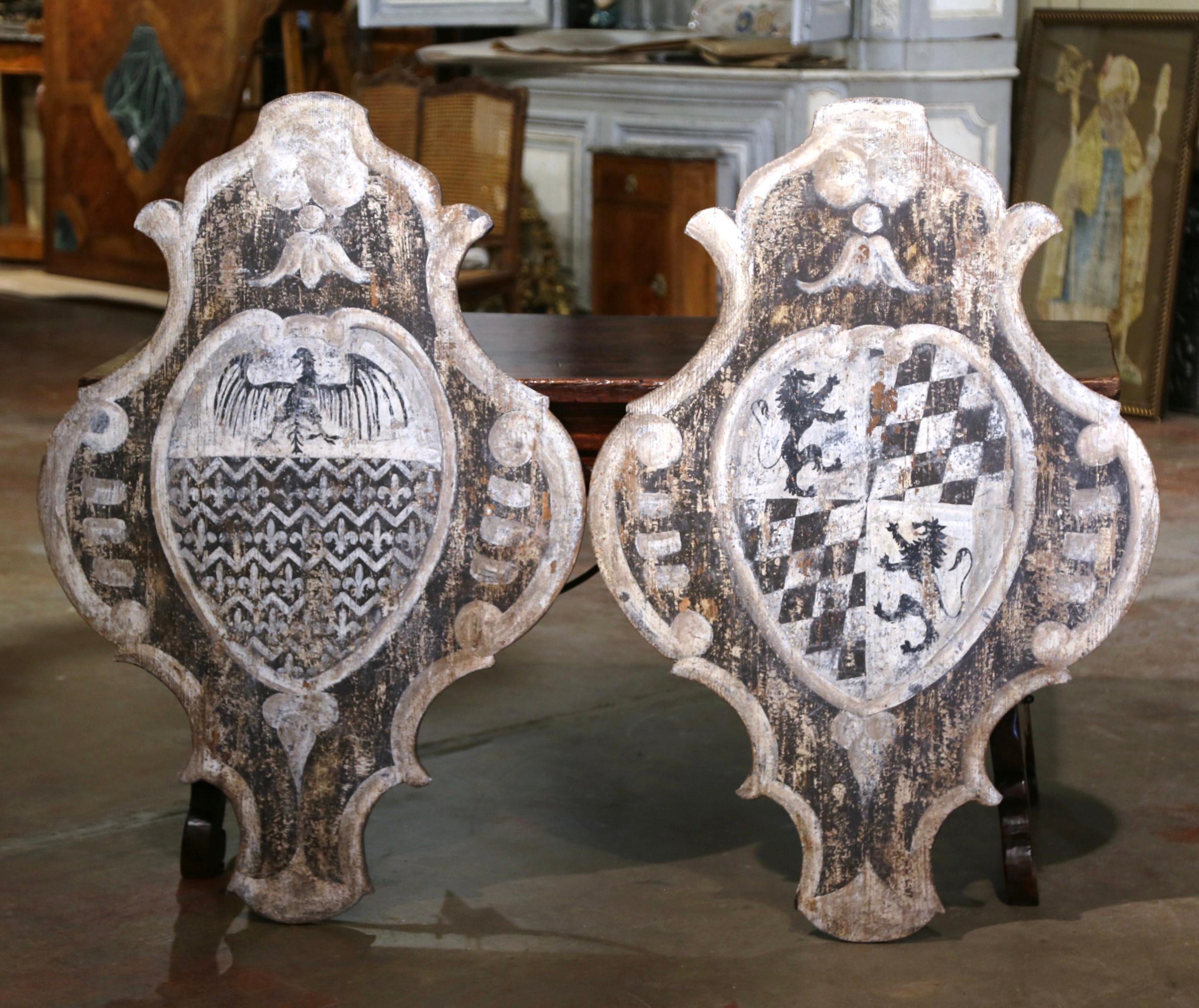 Medieval Pair of 19th Century Italian Painted Wall Hanging Shields with Family Crests For Sale