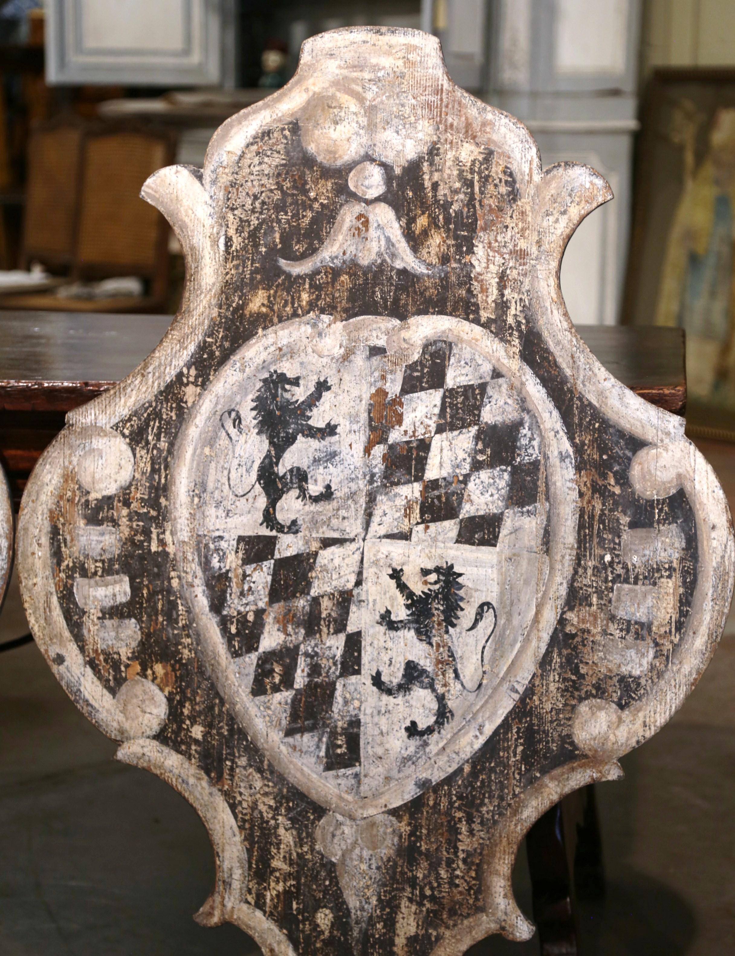 Wood Pair of 19th Century Italian Painted Wall Hanging Shields with Family Crests For Sale