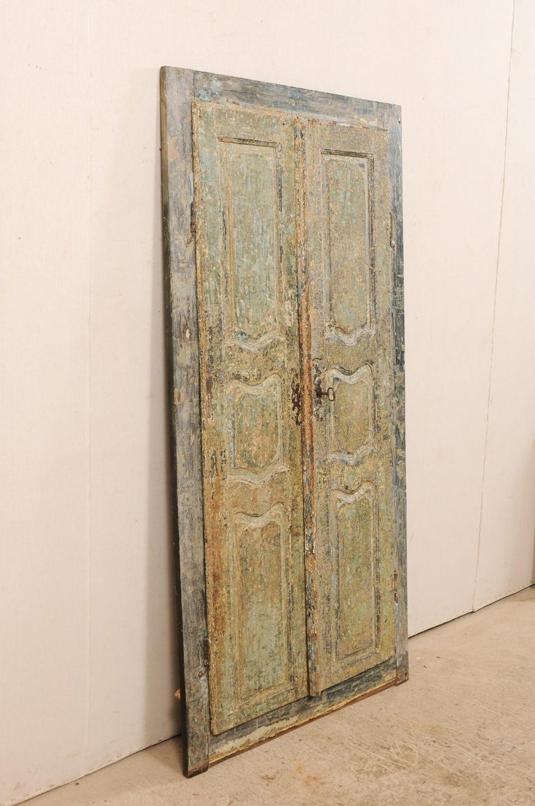 Pair of 19th Century Italian Painted Wood Doors in Sea GreenBlue Color