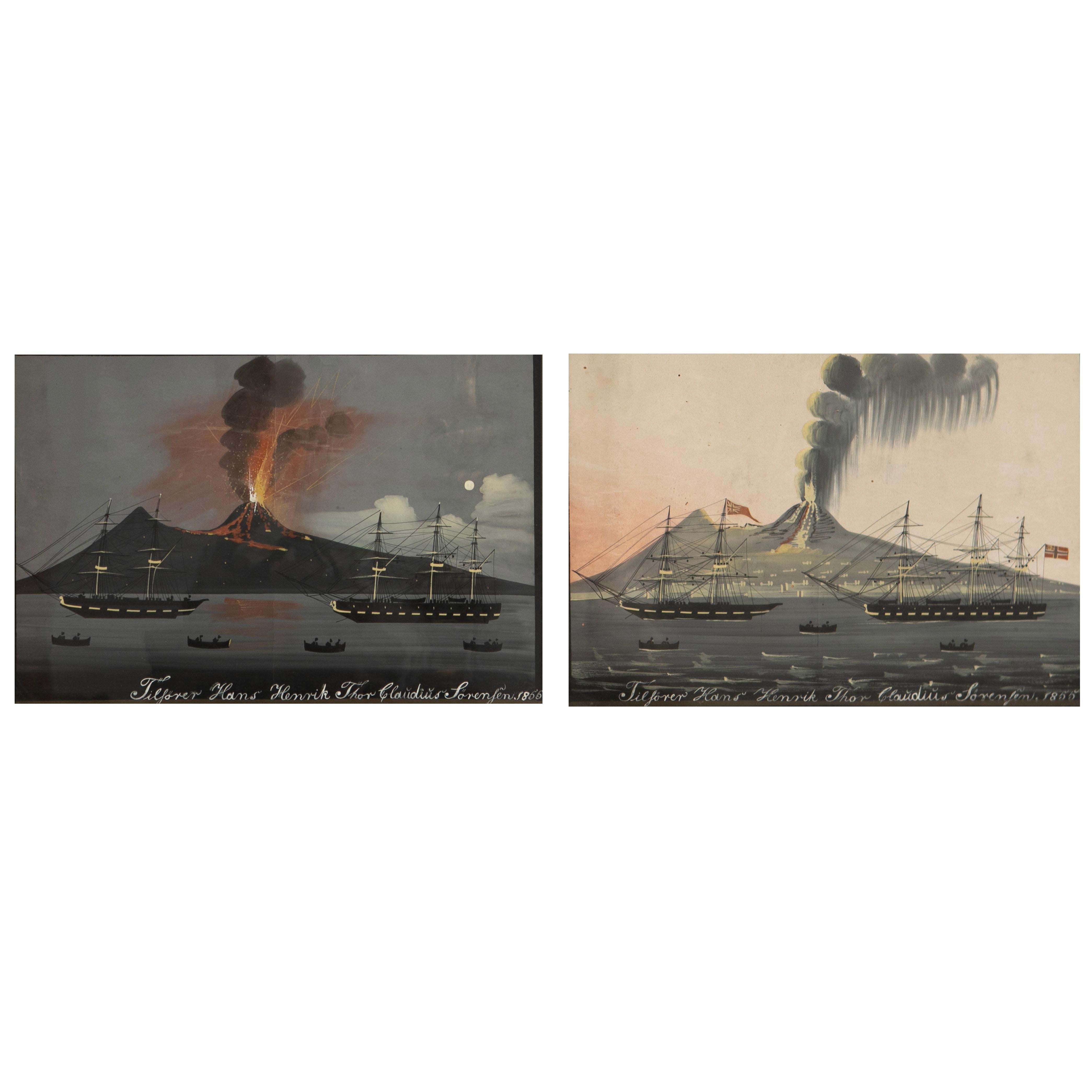 A decorative pair of Italian 19th Century gouache paintings of sailors on the Bay of Naples before Vesuvius erupting by day, and another by night, dated 1855.

Framed in a frame from the same period, 56 x 73 cm.
Sheet: 40 x 58 cm

Done as