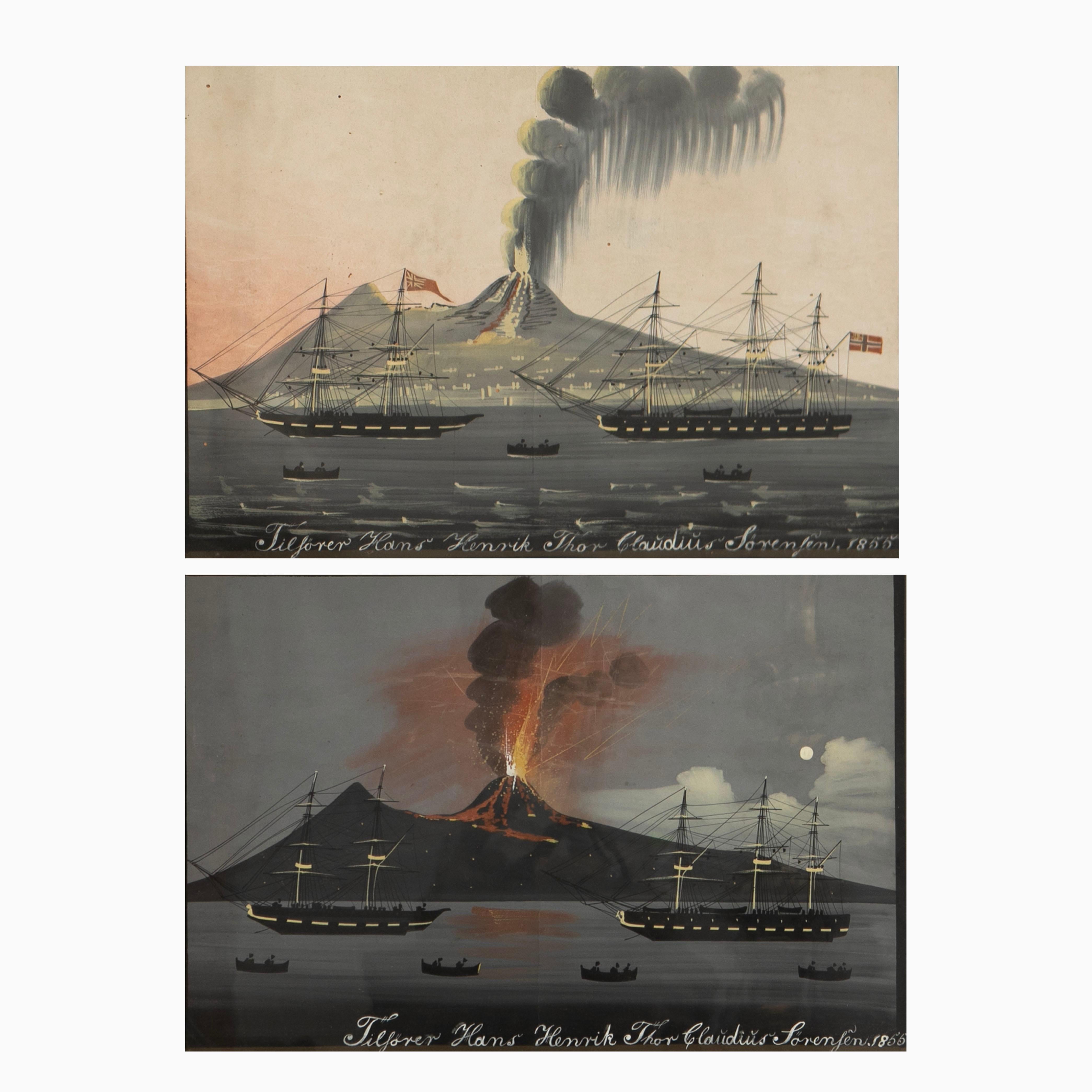 Grand Tour Pair of 19th Century Italian Paintings of Vesuvius Erupting in Naples For Sale