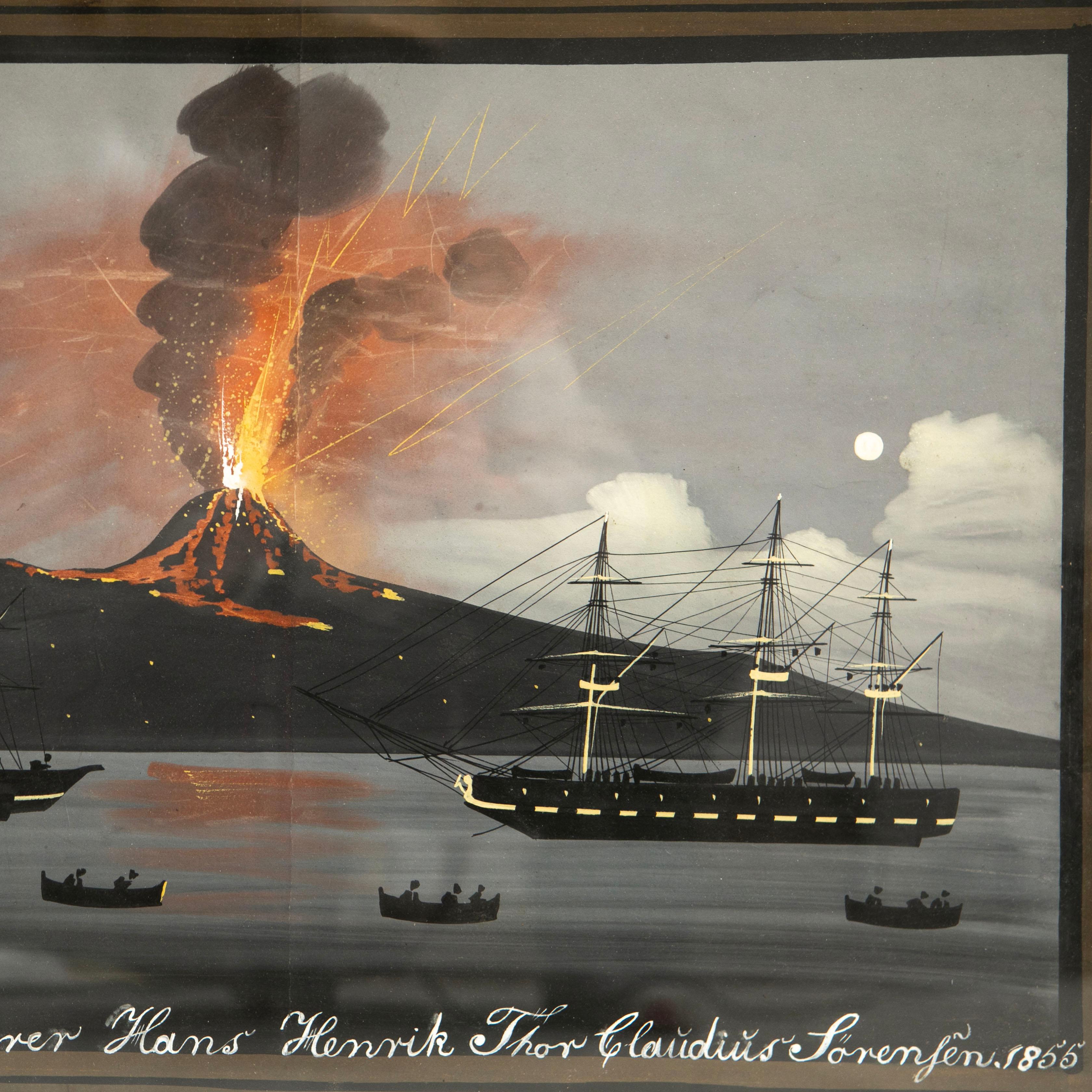 Wood Pair of 19th Century Italian Paintings of Vesuvius Erupting in Naples For Sale