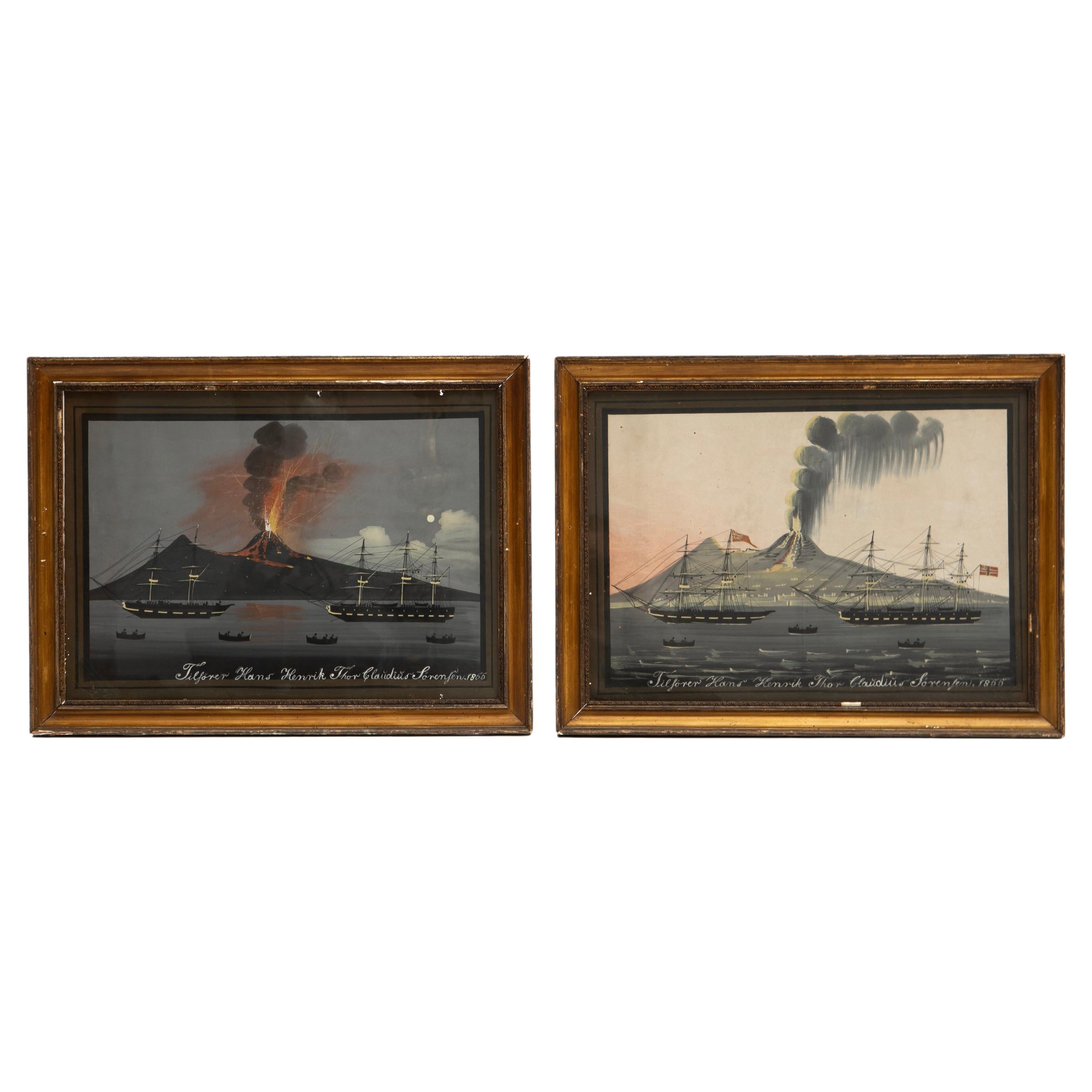 Pair of 19th Century Italian Paintings of Vesuvius Erupting in Naples