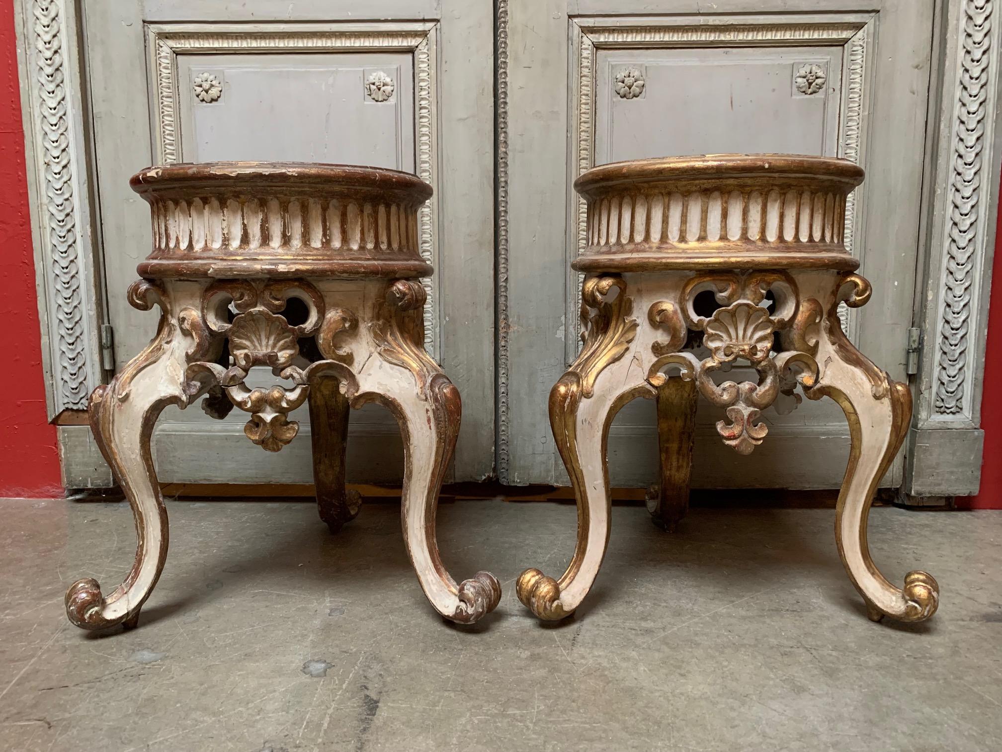 A pair of Italian Rococo style plant or porcelain stands in a painted and parcel gilt fininsh This pedestals are highly decorative and maybe older than we have stated They are strong and ready for use.