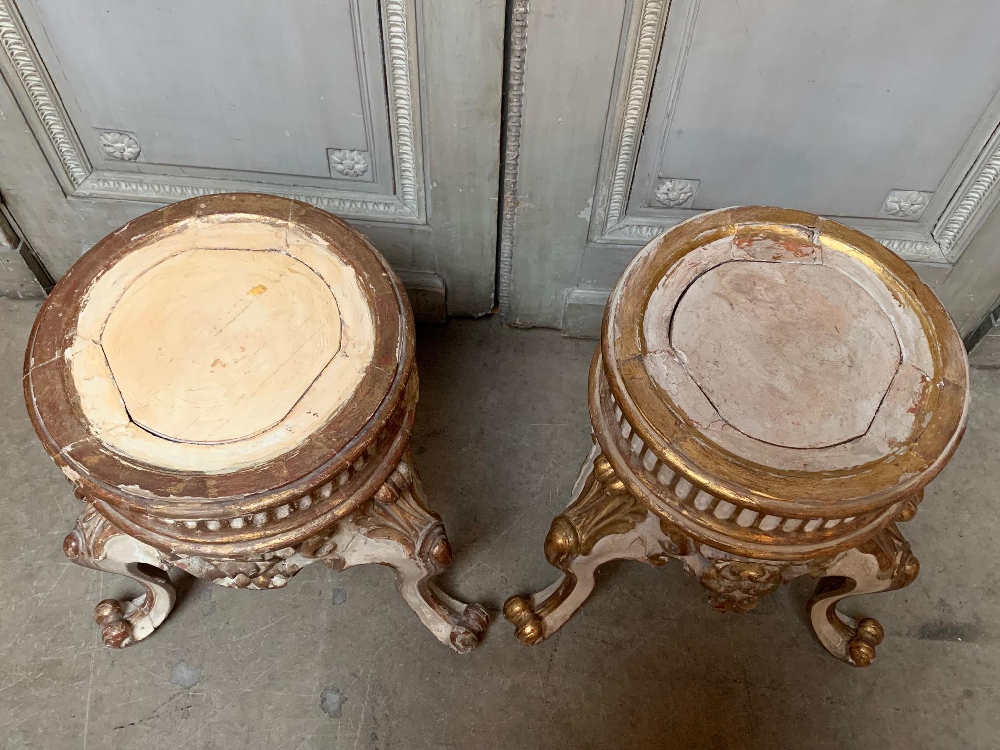 Carved Pair of 19th Century Italian Parcel Gilt and Painted Jardiniere Stands