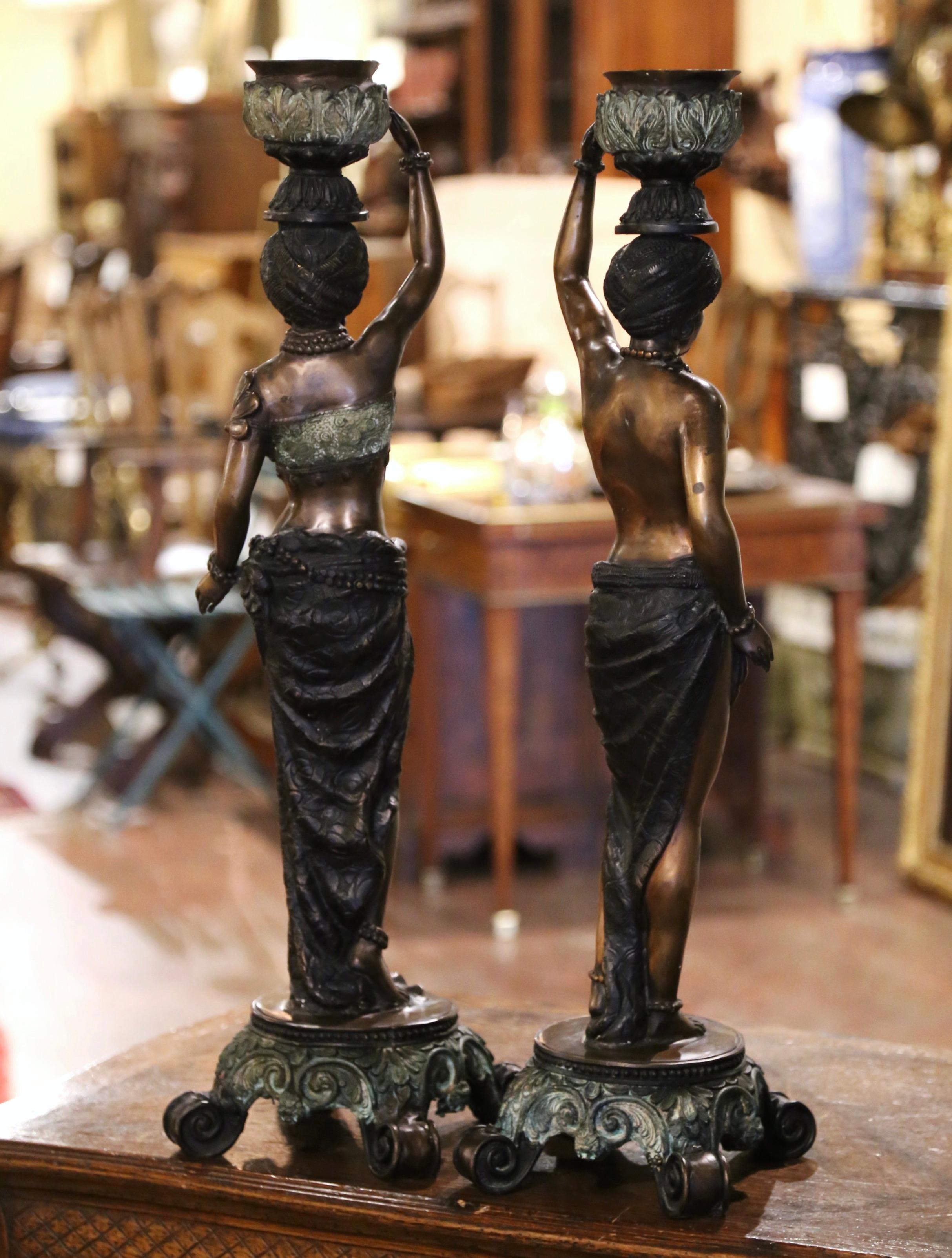 Pair of 19th Century Italian Patinated Bronze Candlestick Figurines For Sale 5