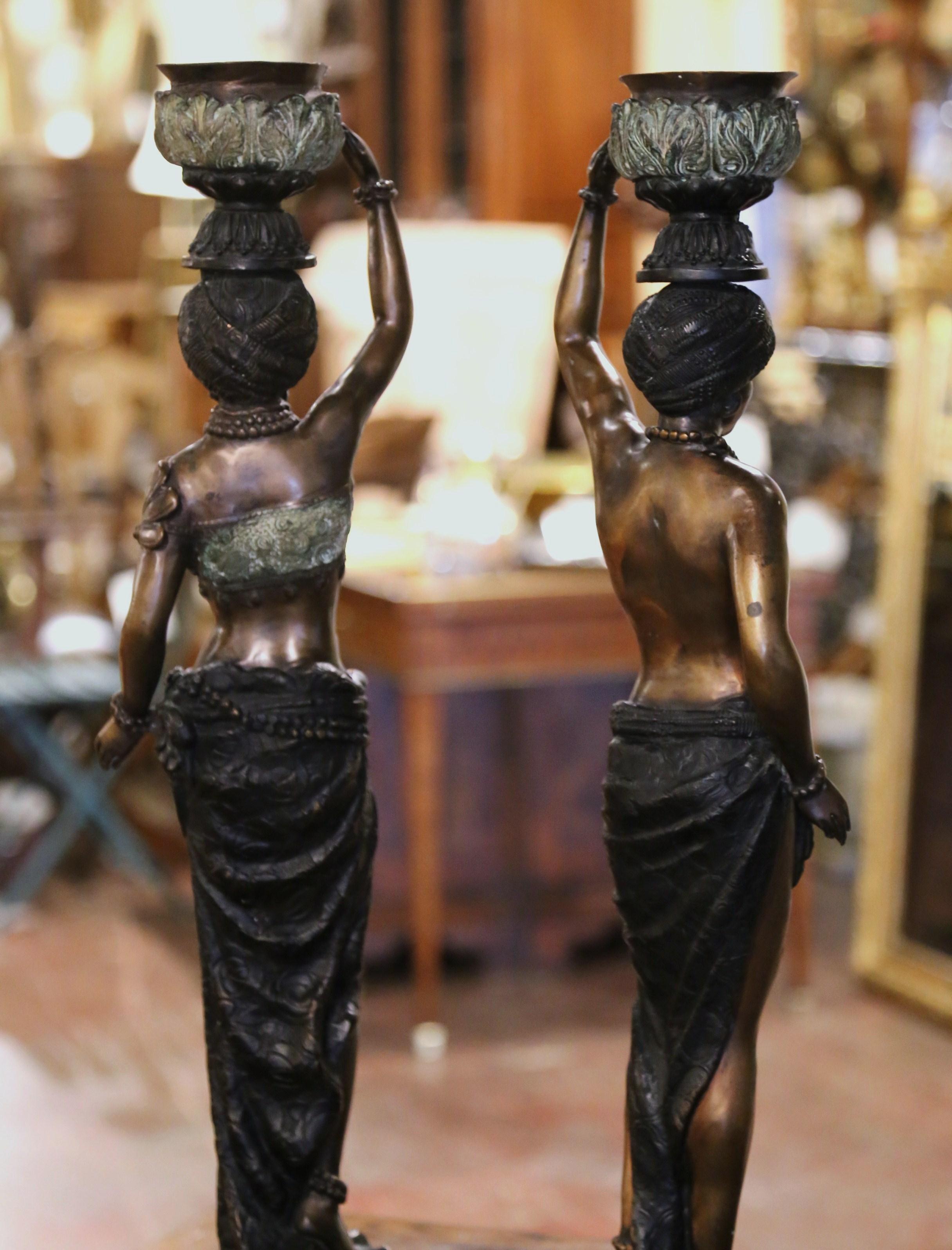 Pair of 19th Century Italian Patinated Bronze Candlestick Figurines For Sale 6