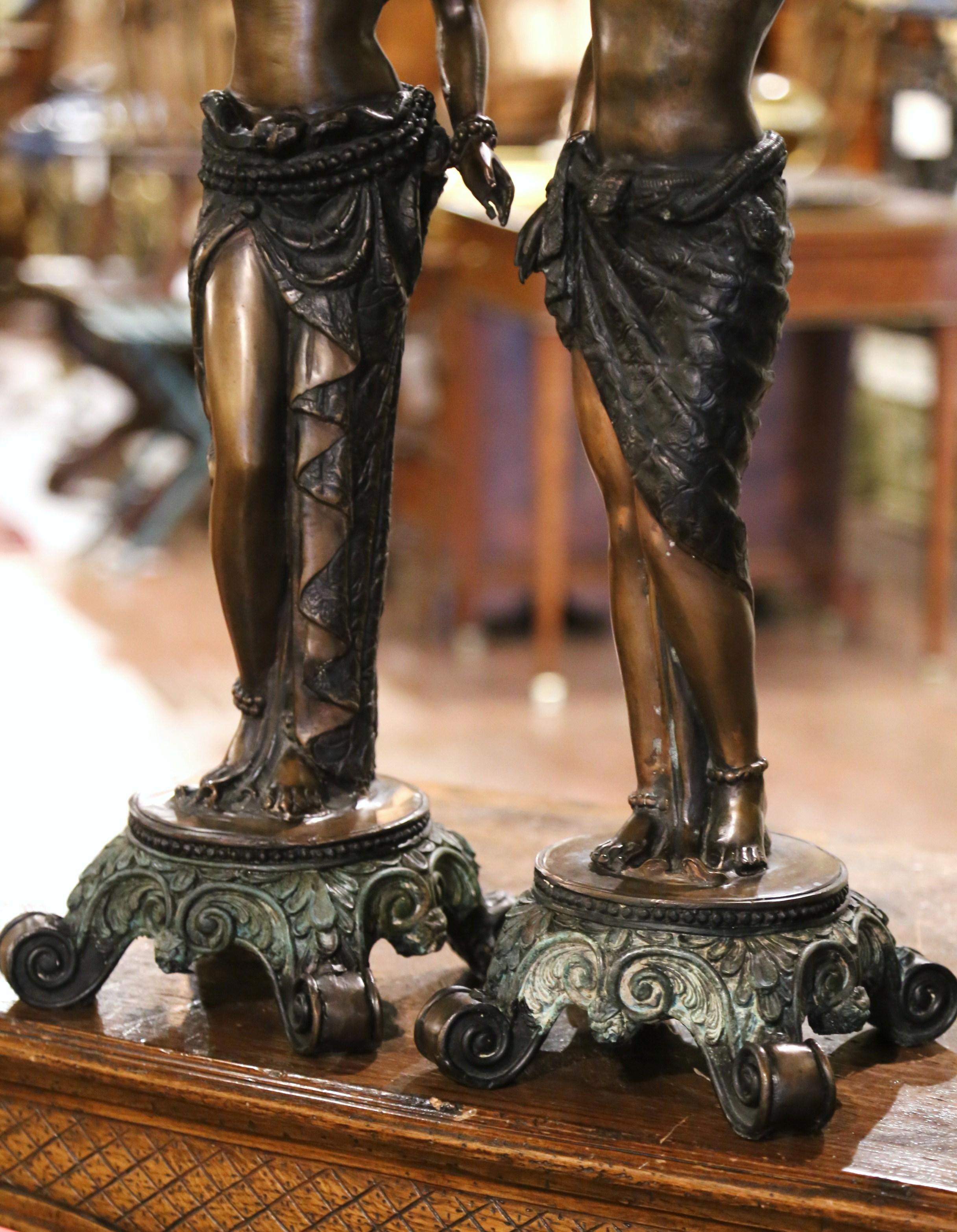 Neoclassical Pair of 19th Century Italian Patinated Bronze Candlestick Figurines For Sale