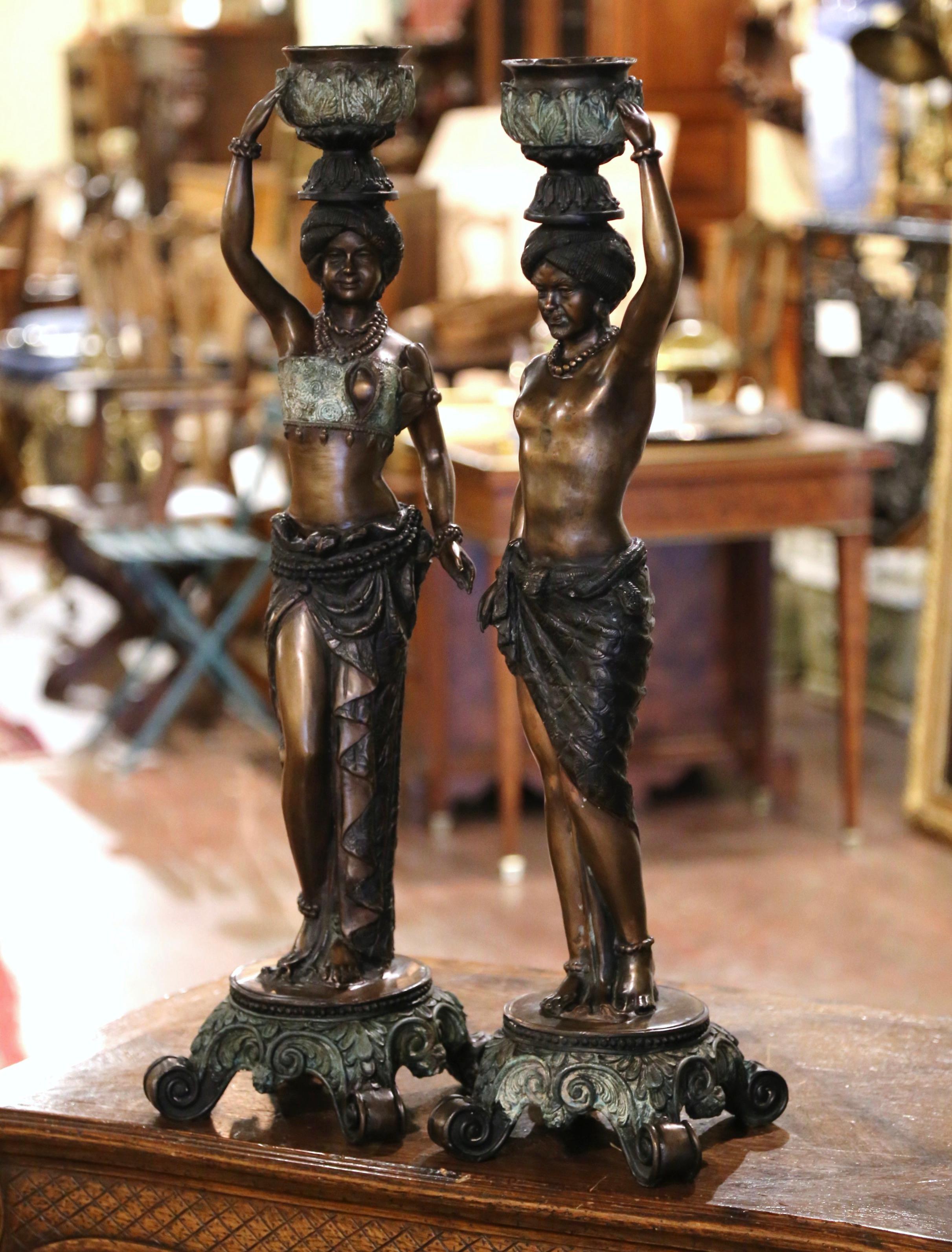 Hand-Carved Pair of 19th Century Italian Patinated Bronze Candlestick Figurines For Sale