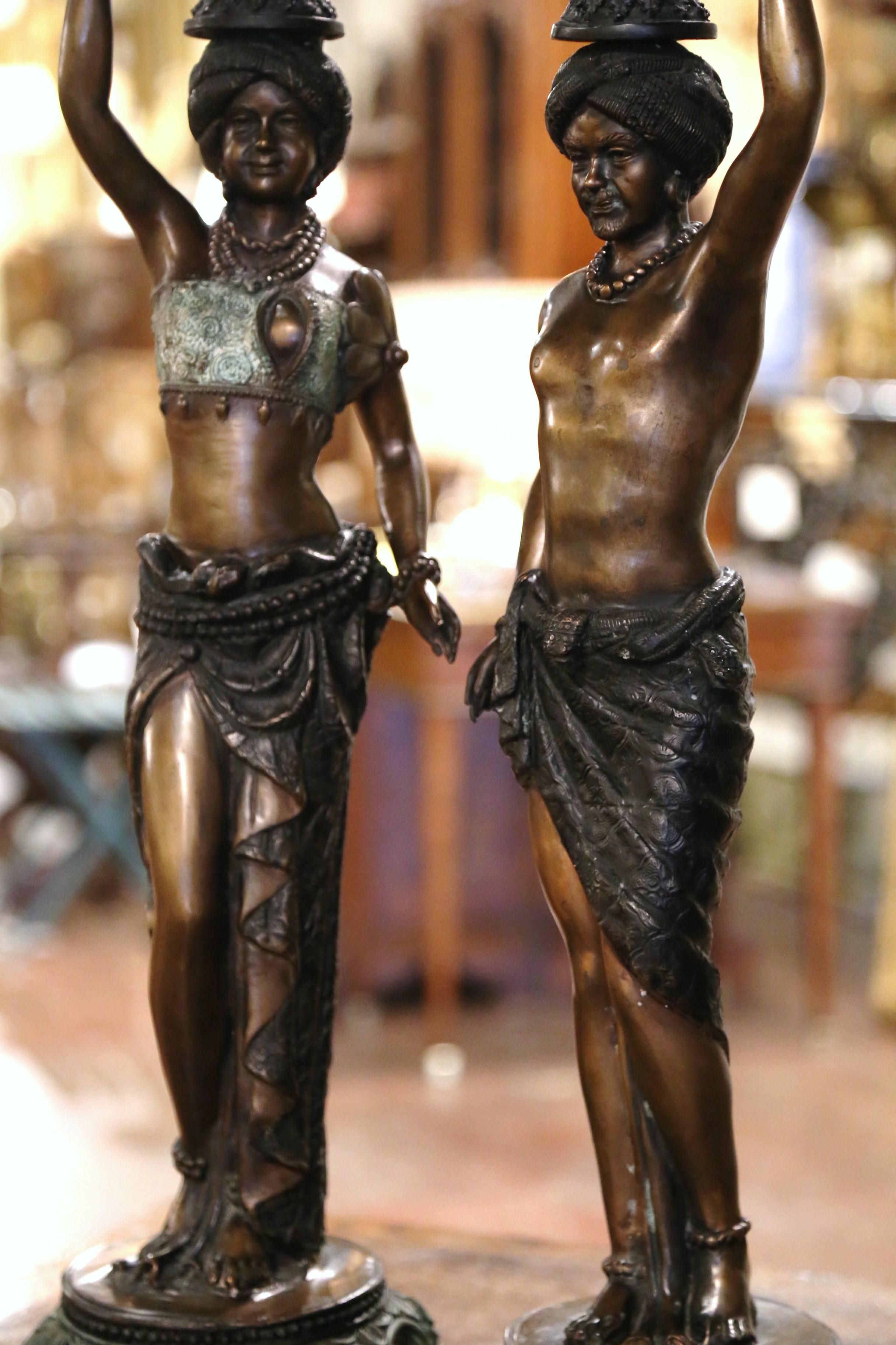 Pair of 19th Century Italian Patinated Bronze Candlestick Figurines In Excellent Condition For Sale In Dallas, TX