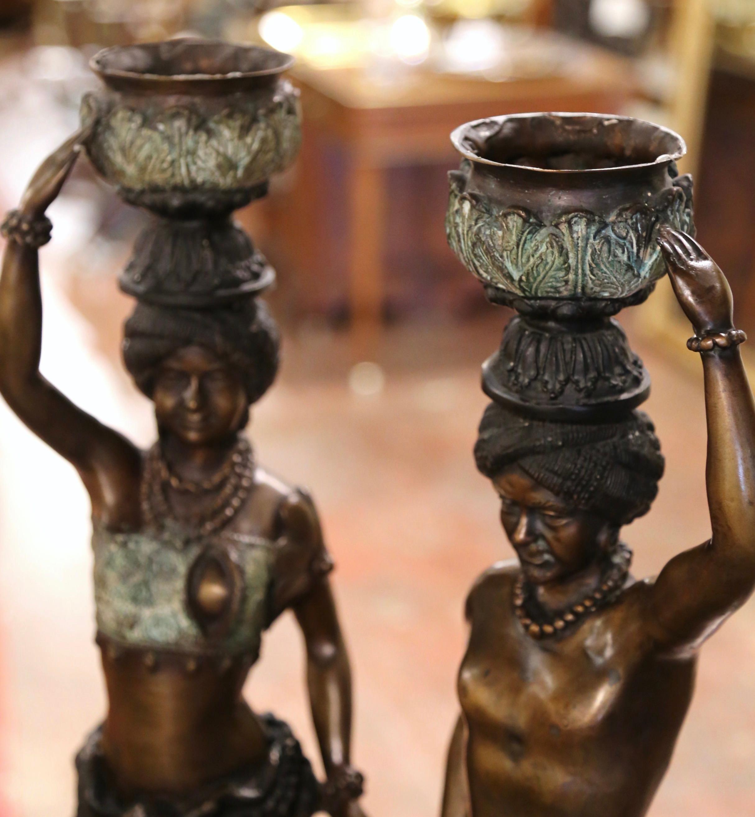 Pair of 19th Century Italian Patinated Bronze Candlestick Figurines For Sale 3