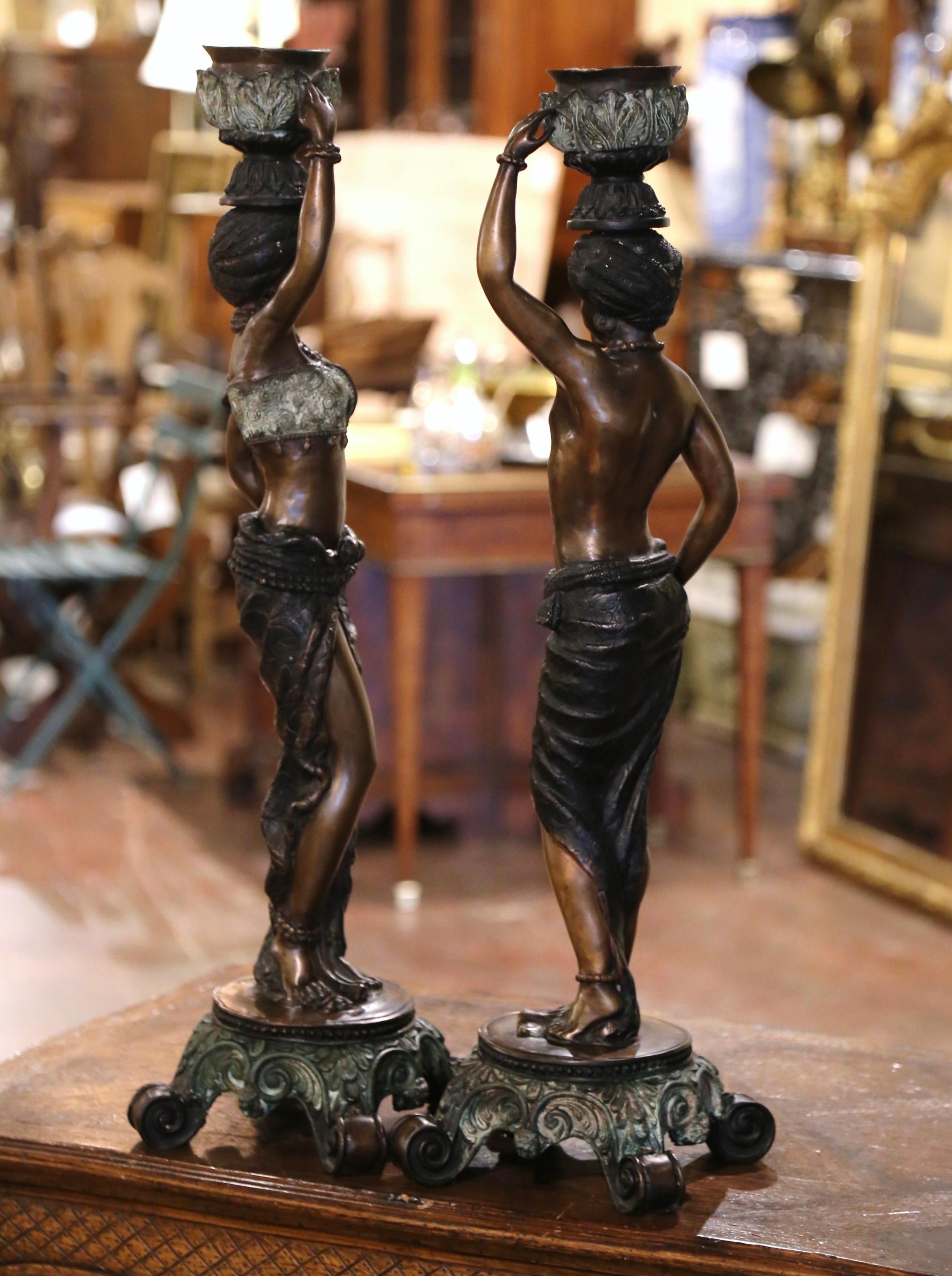 Pair of 19th Century Italian Patinated Bronze Candlestick Figurines For Sale 4