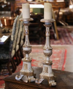 Pair of 19th Century Italian Polychrome Carved Giltwood and Painted Candlesticks