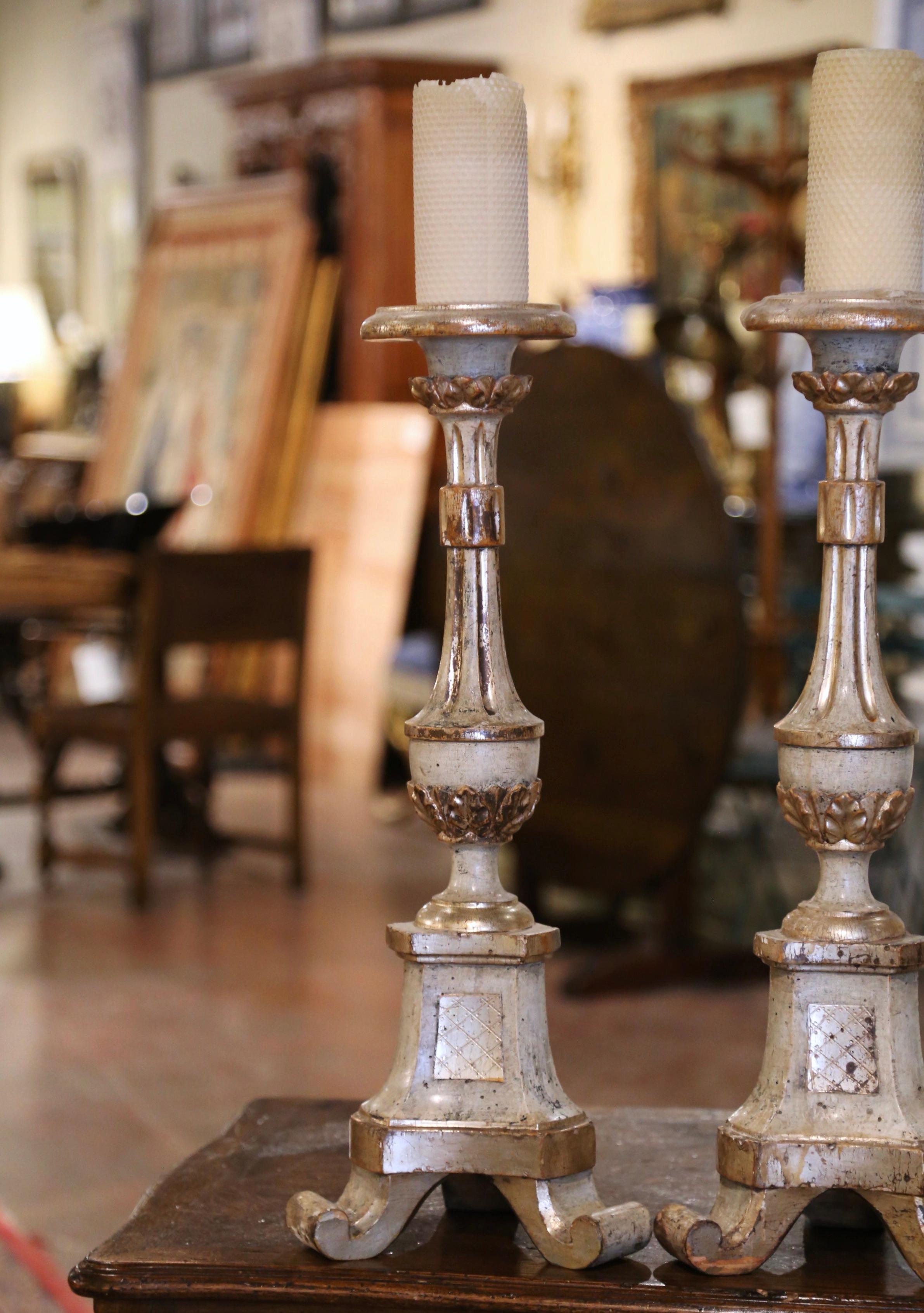 Hand-Carved Pair of 19th Century Italian Polychrome Carved Giltwood and Painted Candlesticks For Sale