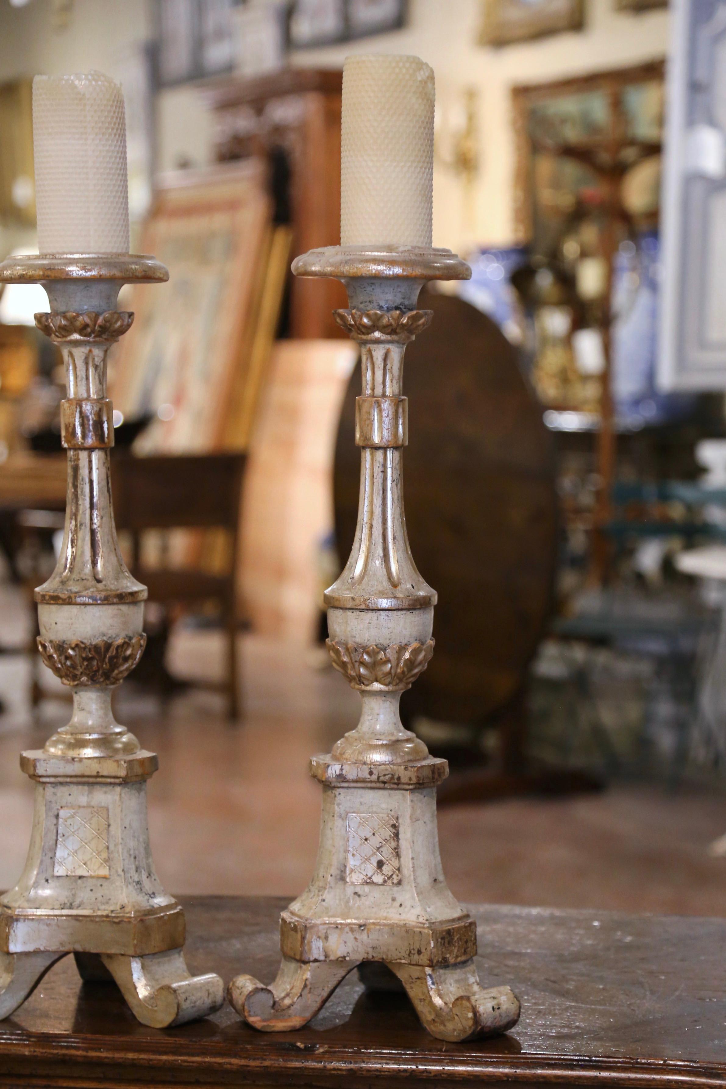 Pair of 19th Century Italian Polychrome Carved Giltwood and Painted Candlesticks In Excellent Condition For Sale In Dallas, TX