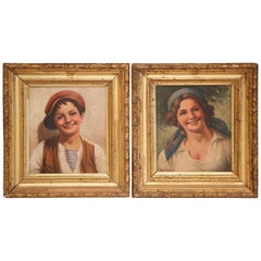 Pair of 19th Century Italian Portraits Paintings in Gilt Frames Signed Rossi