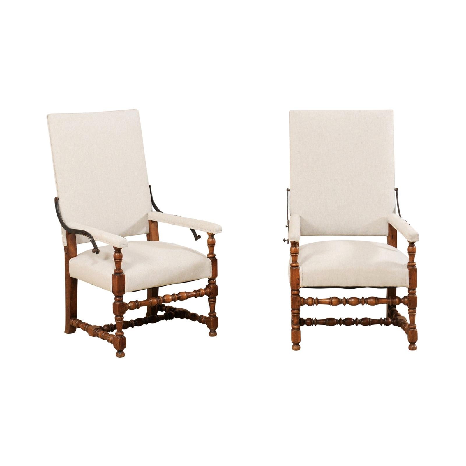 Pair of 19th Century Italian Reclining-Back Armchairs, Louis XIII Style