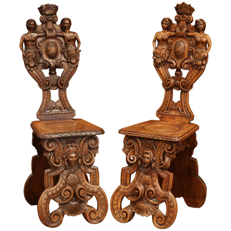 Pair of 19th Century Italian Renaissance Carved Walnut Sgabello Hall Chairs For Sale at 1stdibs