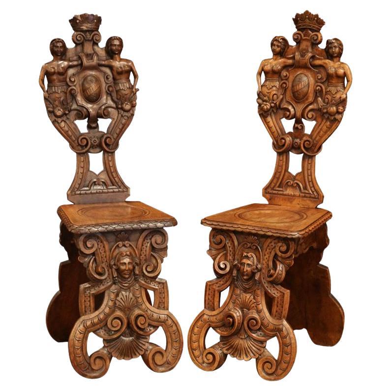 Pair of 19th Century Italian Renaissance Carved Walnut Sgabello Hall Chairs For Sale