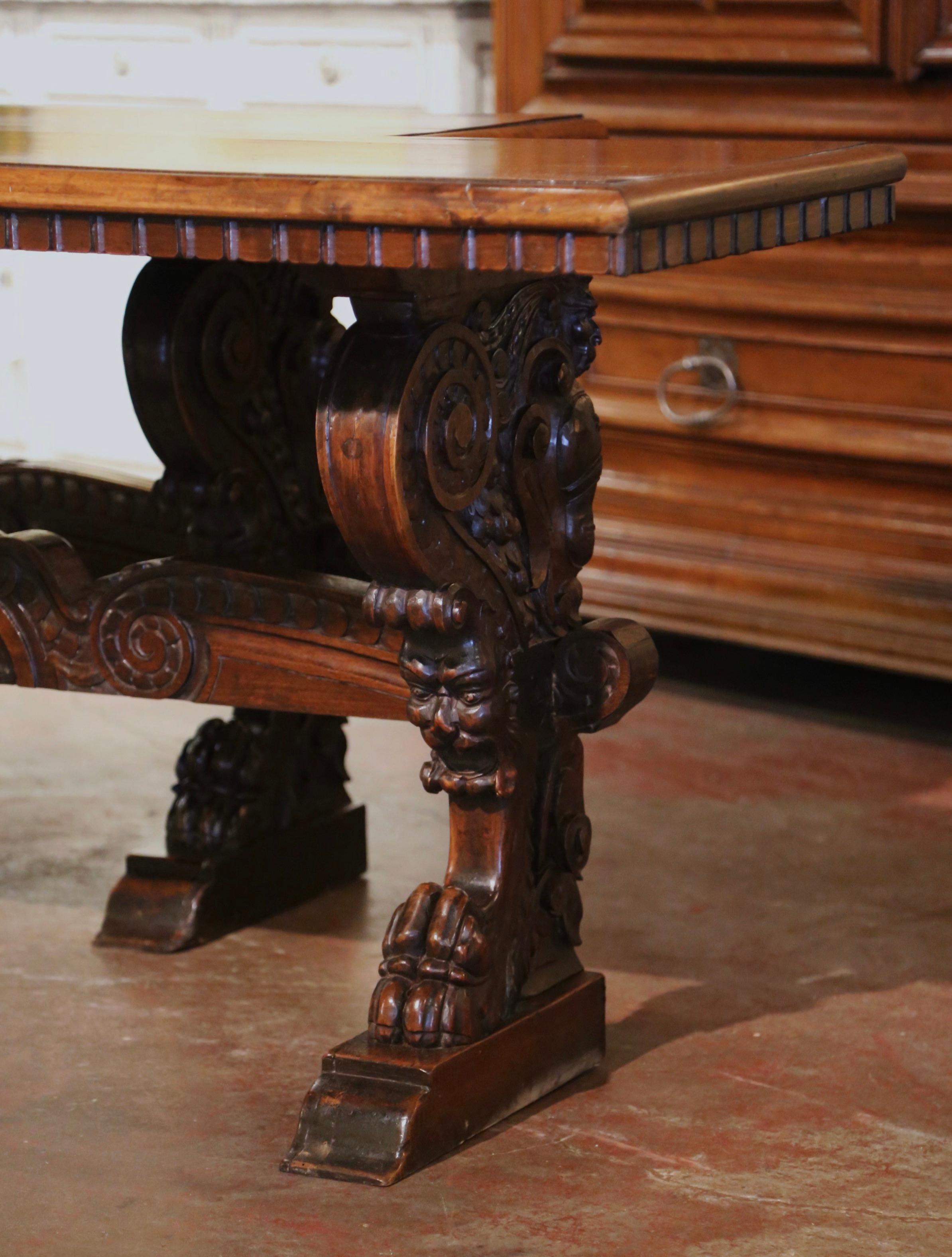 Hand-Carved Pair of 19th Century Italian Renaissance Carved Walnut Trestle Console Tables