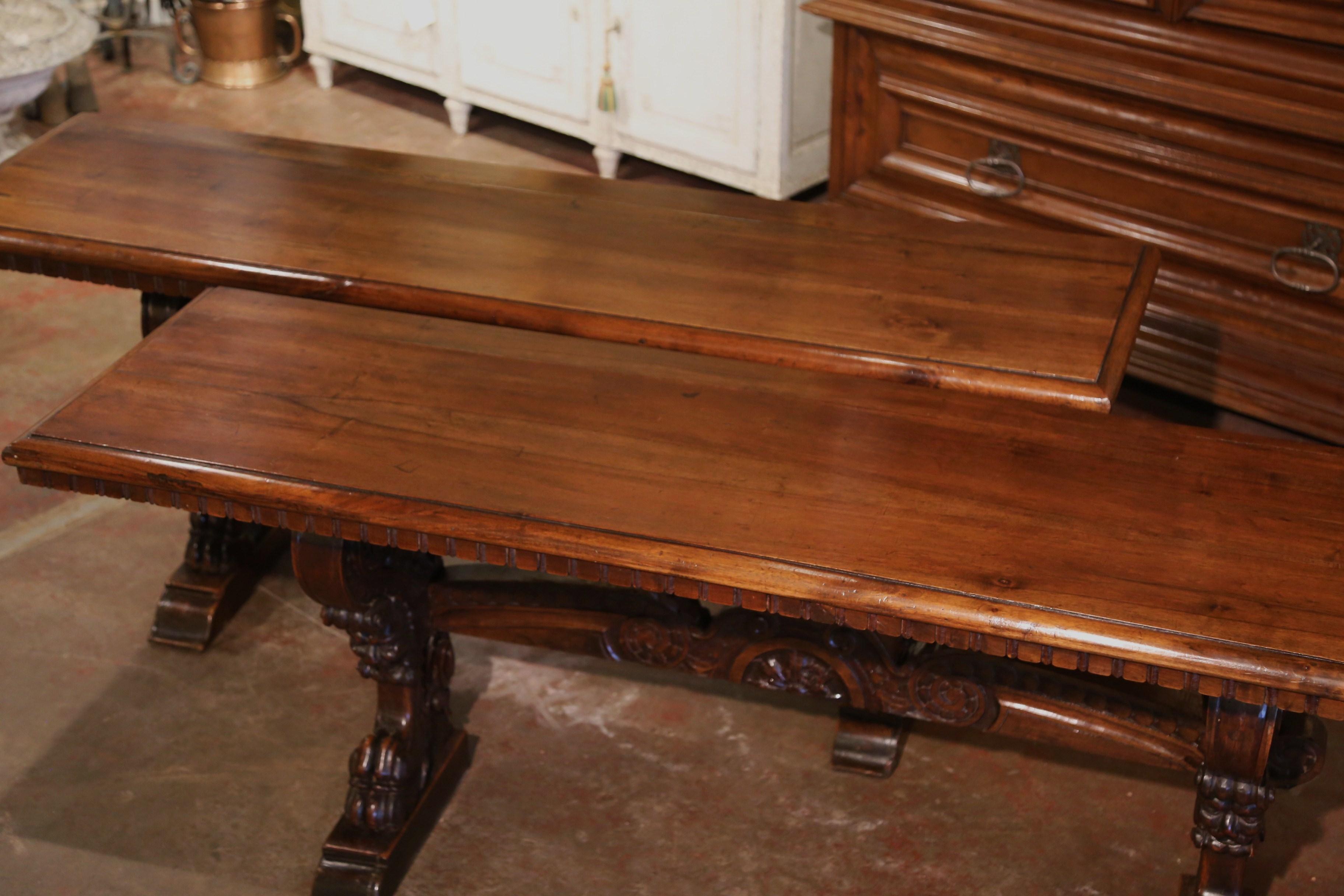 Pair of 19th Century Italian Renaissance Carved Walnut Trestle Console Tables In Excellent Condition In Dallas, TX