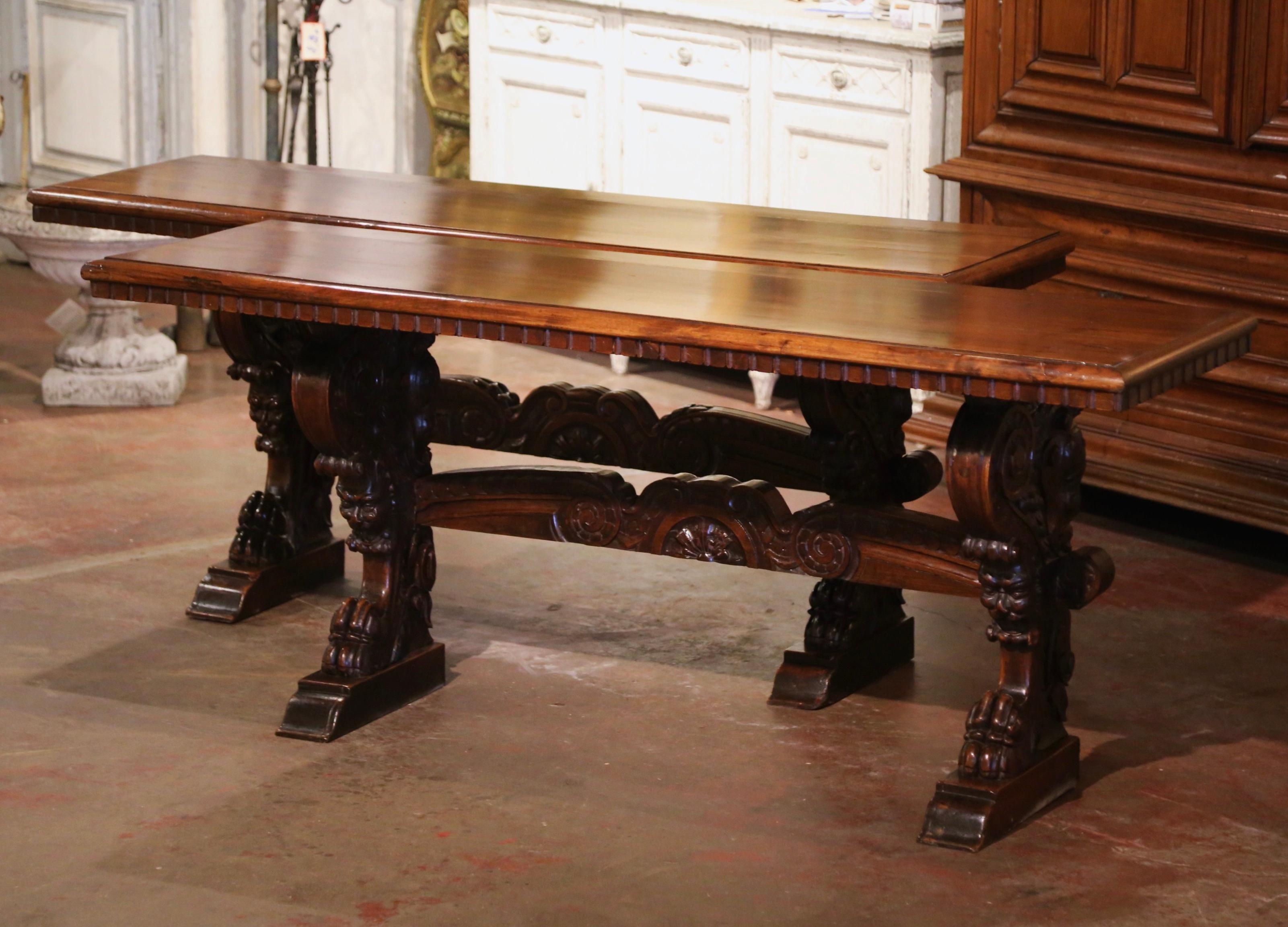 Pair of 19th Century Italian Renaissance Carved Walnut Trestle Console Tables 1