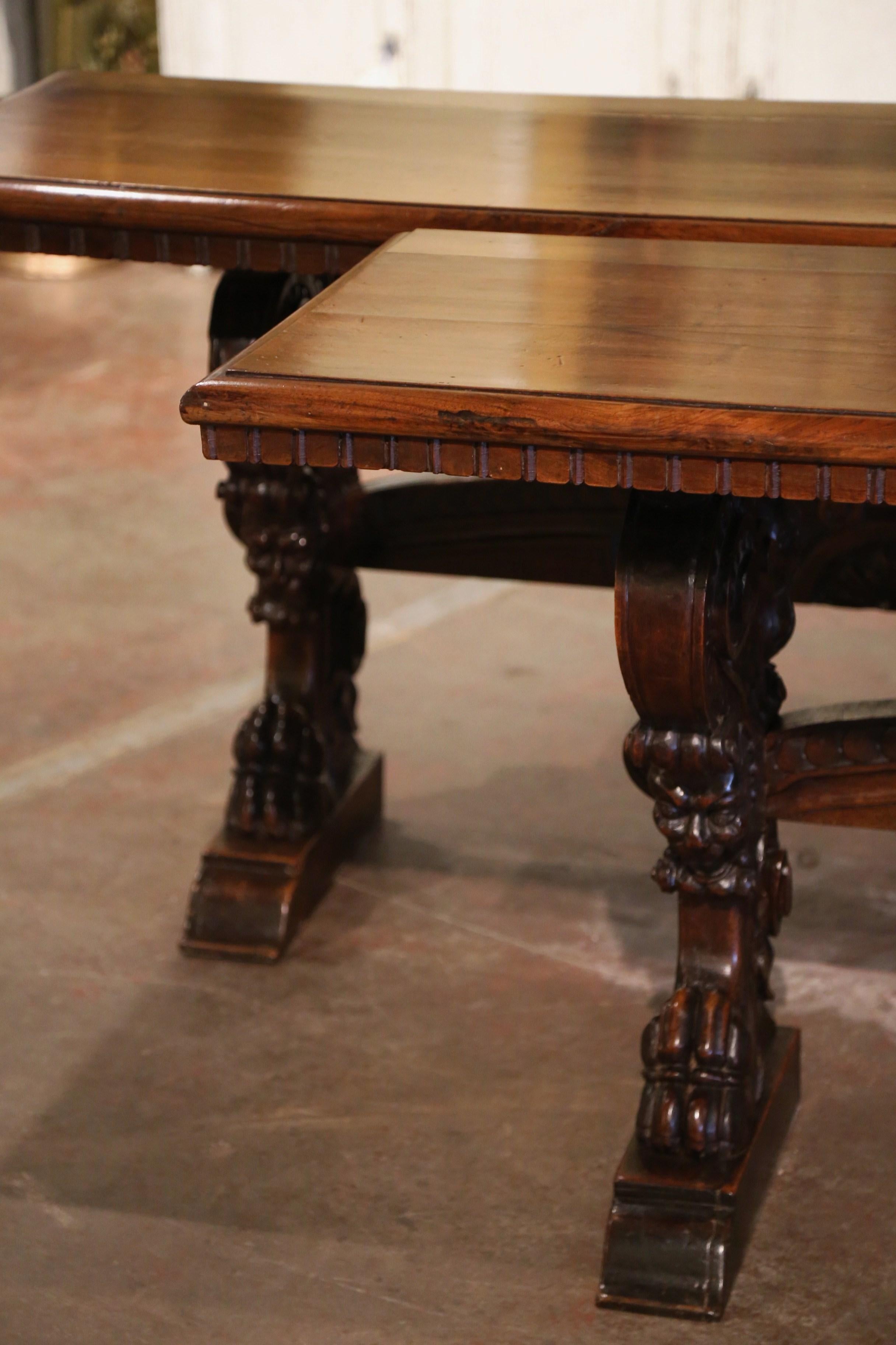 Pair of 19th Century Italian Renaissance Carved Walnut Trestle Console Tables 3
