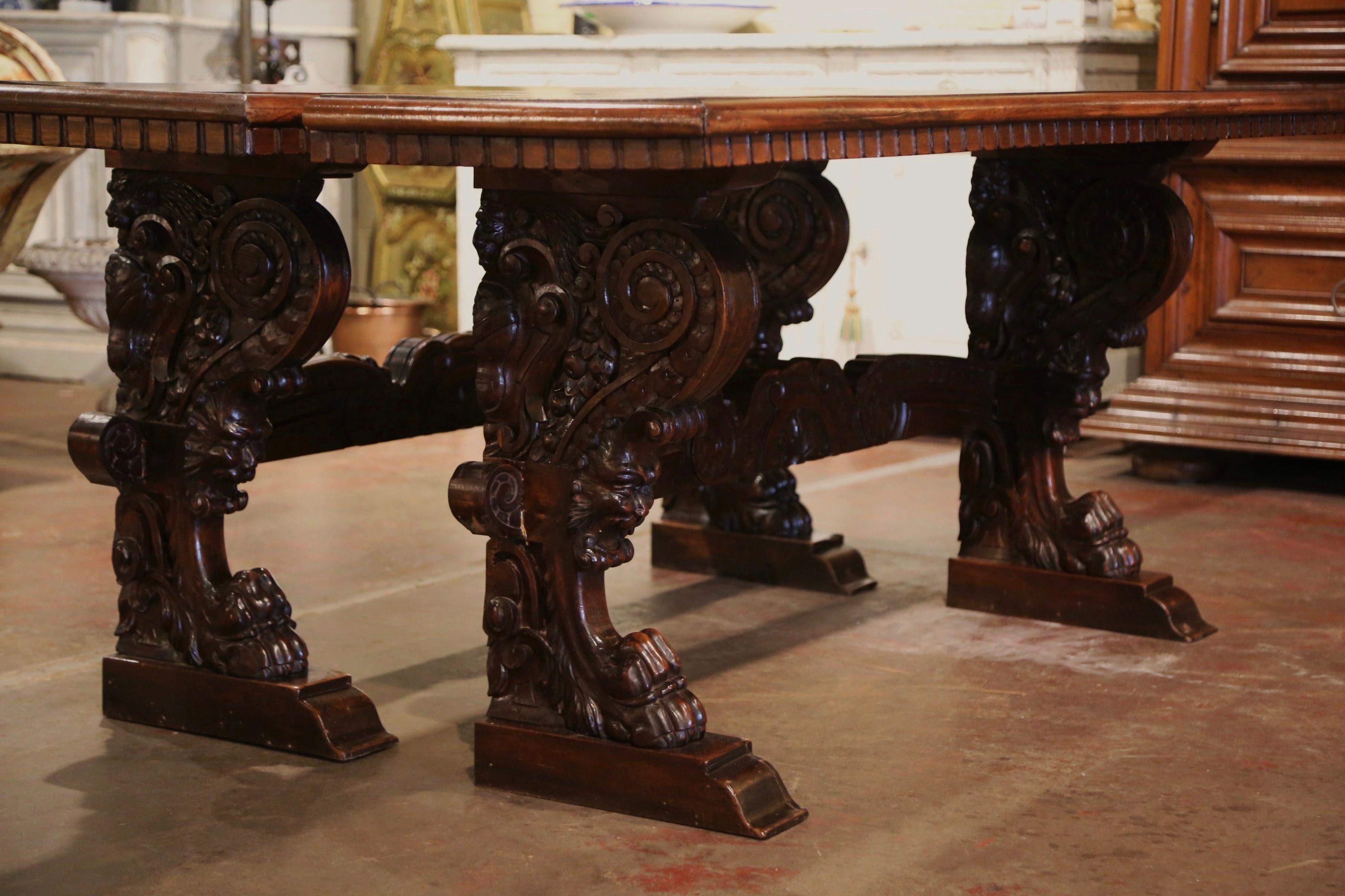 Pair of 19th Century Italian Renaissance Carved Walnut Trestle Console Tables 5