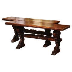 Pair of 19th Century Italian Renaissance Carved Walnut Trestle Console Tables