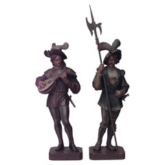 Antique Pair of 19th Century Italian Renaissance Styl Polychrome Wooden Cavalier Figures