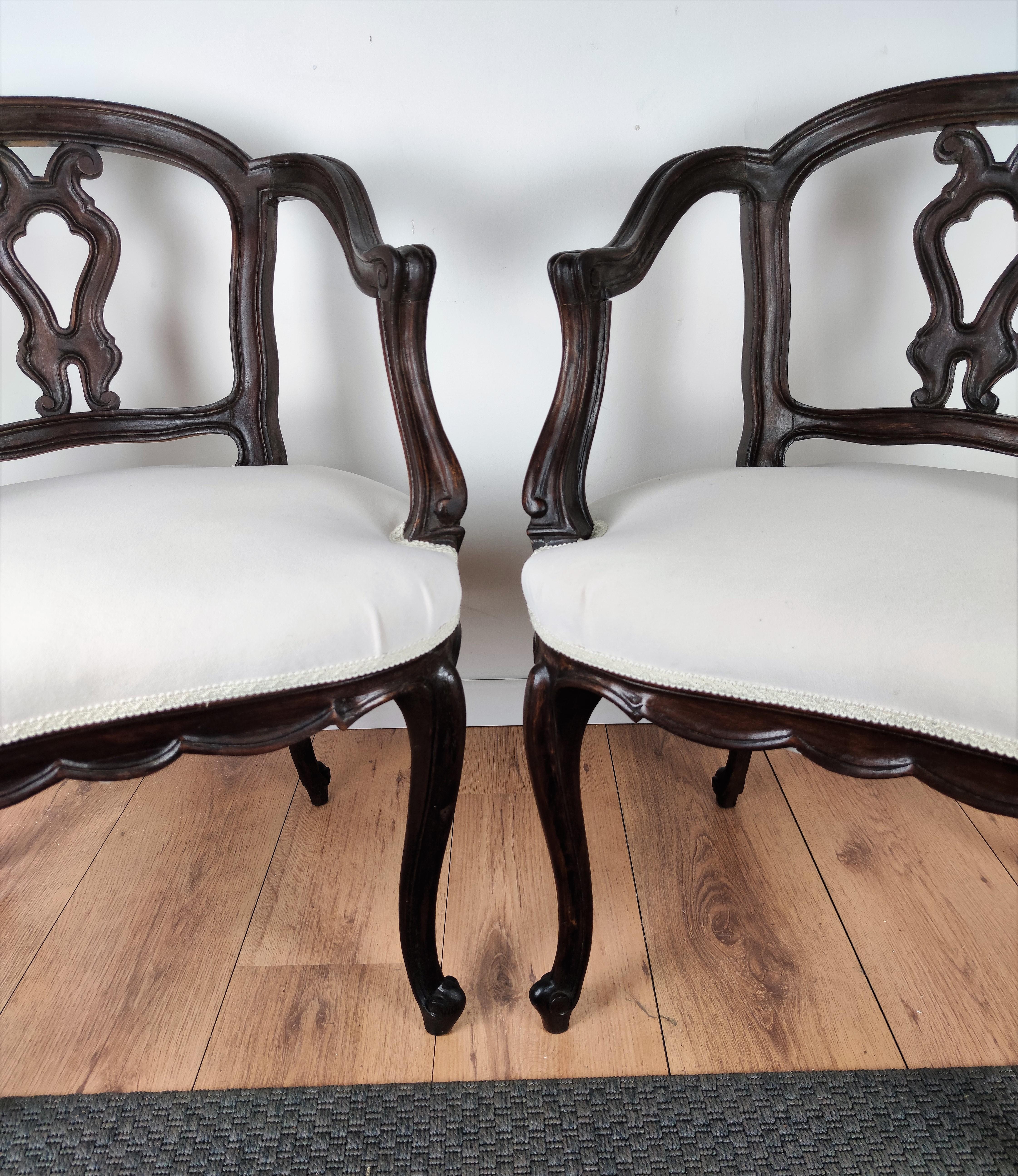 Pair of 19th Century Italian Rococo Baroque Carved Wood Armchair Re-Upholstered For Sale 3