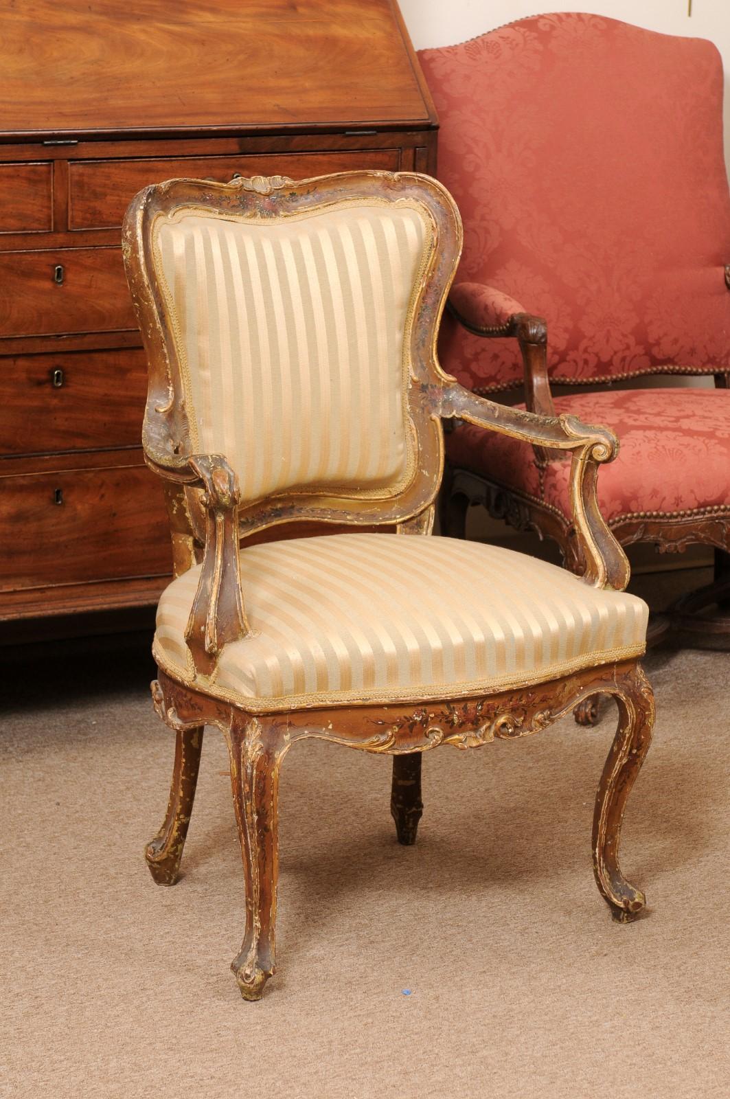 Wood Pair of 19th Century Italian Rococo Painted Armchairs For Sale