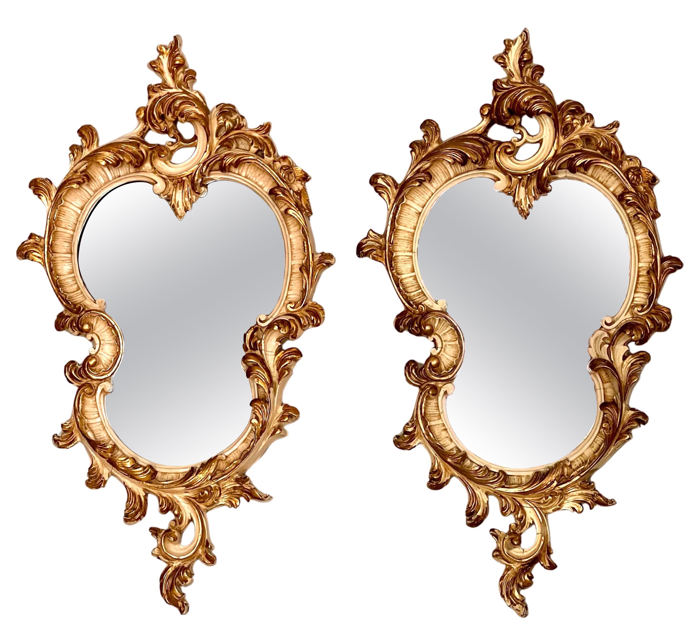 Pair of 19th Century Italian Rococo Style Carved Cream Painted and Gilt Mirrors