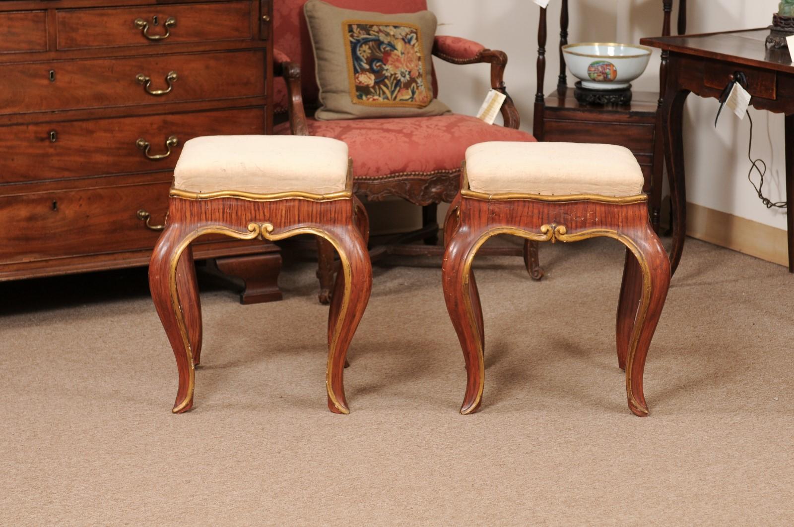 Pair of 19th Century Italian Rococo Style Red & Gilt Painted Bench For Sale 3