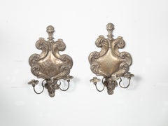 Pair of 19th Century Italian Rococo Style Tin Candle Sconces with Feather Motifs