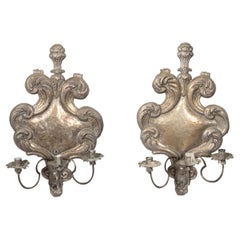 Pair of 19th Century Italian Rococo Style Tin Candle Sconces with Feather Motifs