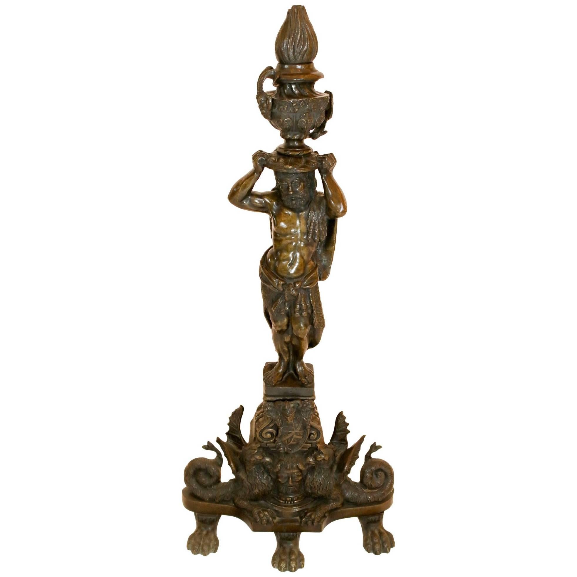 Pair of 19th Century Italian Sculptural Andirons Featuring Hercules in Bronze For Sale
