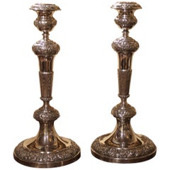 Pair of 19th Century Italian Silver Candlesticks Chiseled with Floral Patterns